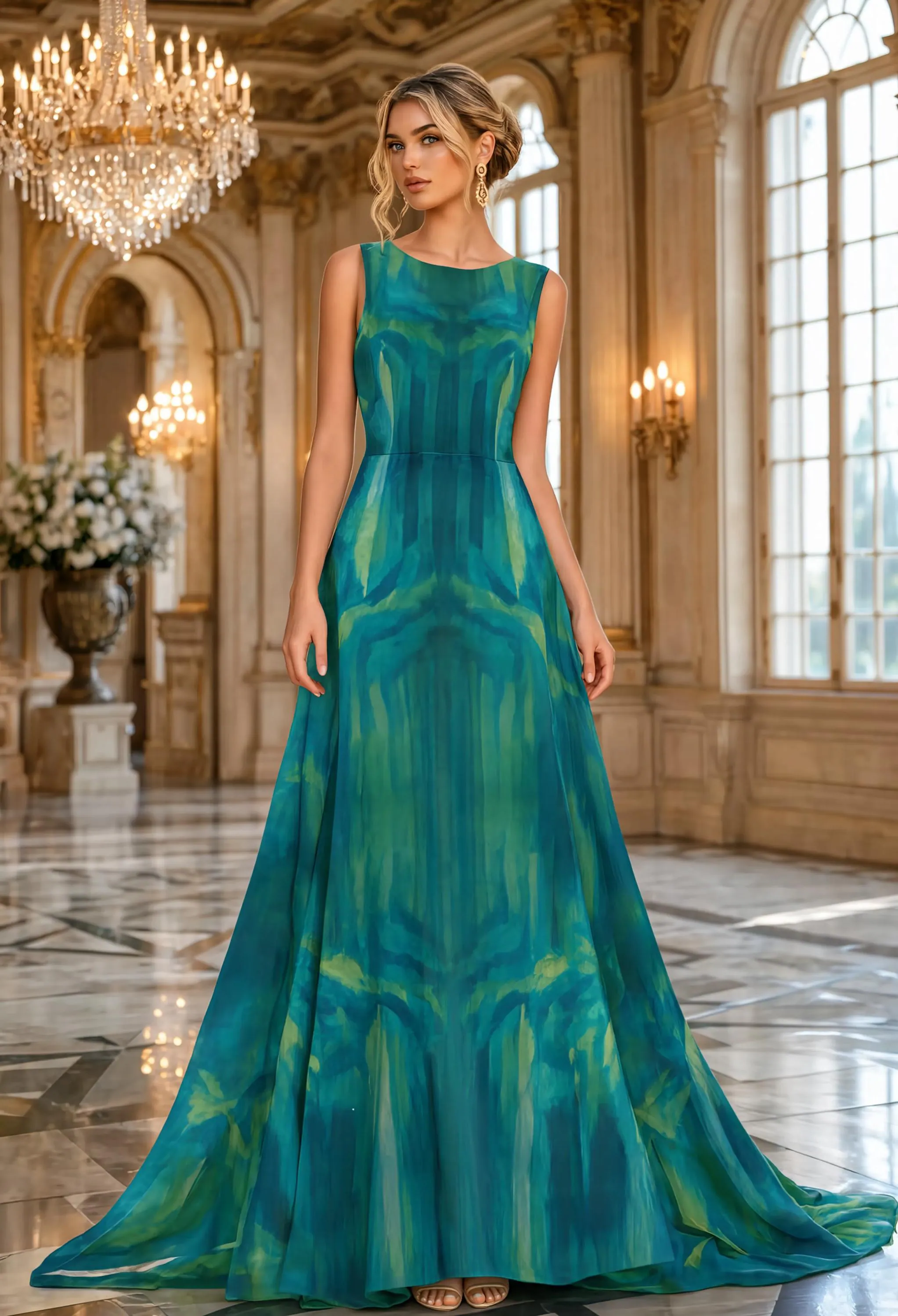 Women's Formal Satin Long Dress Formal Gown with Inner Liner Teal Watercolors - image 3
