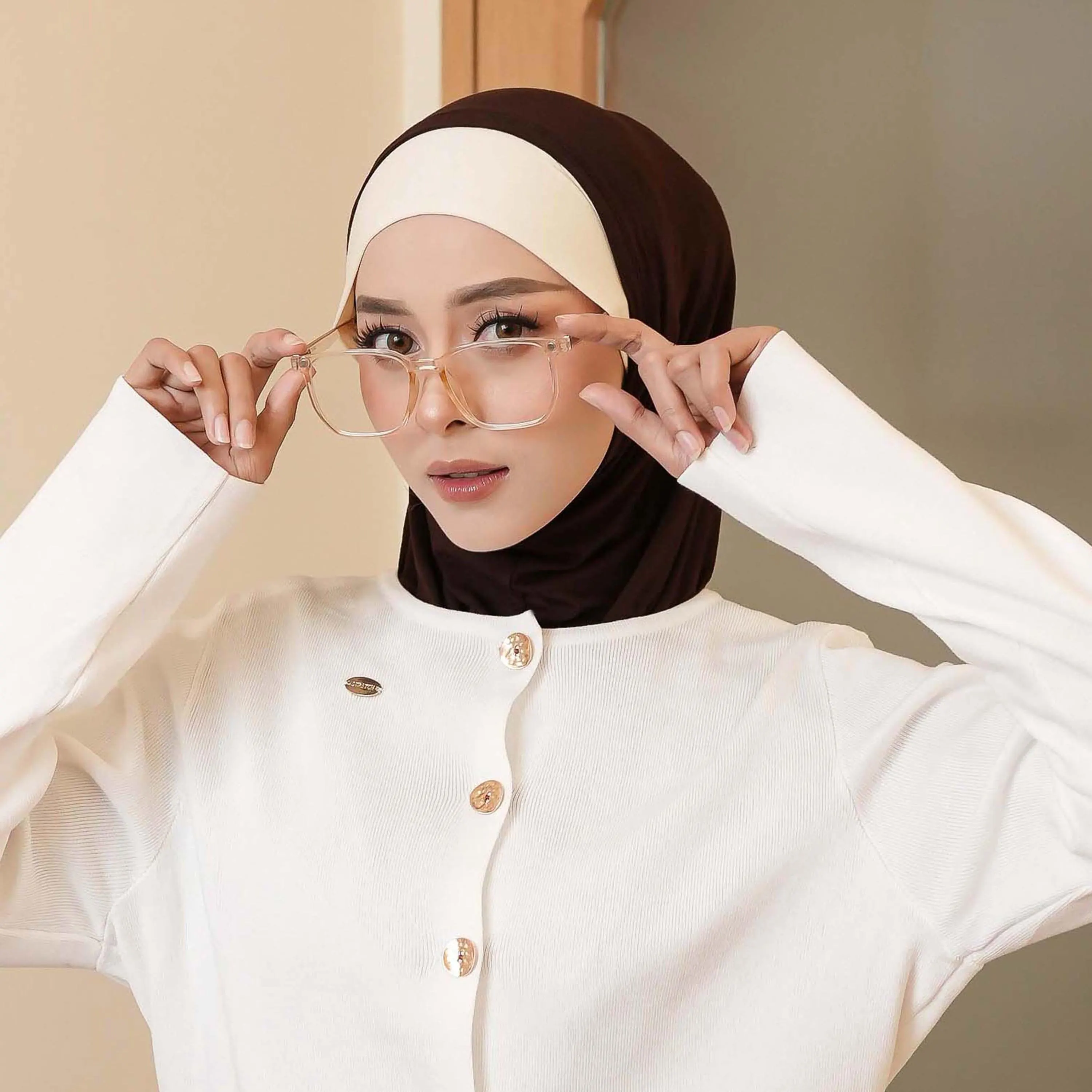PARVANA Two-Tone Head Cover with Inner Securing Ties, Quick Easy Wear No Pin One-Piece Instant Hijab, Earth Tone Beige Cream Choco