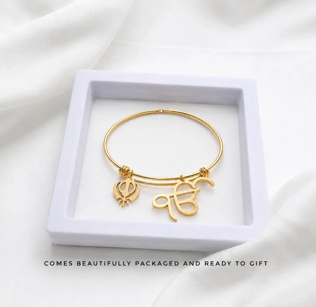 Sikh Ik Onkar Khanda Bangle | Adjustable Stainless Steel Punjabi Kada Bracelet Gold Silver | - image 5