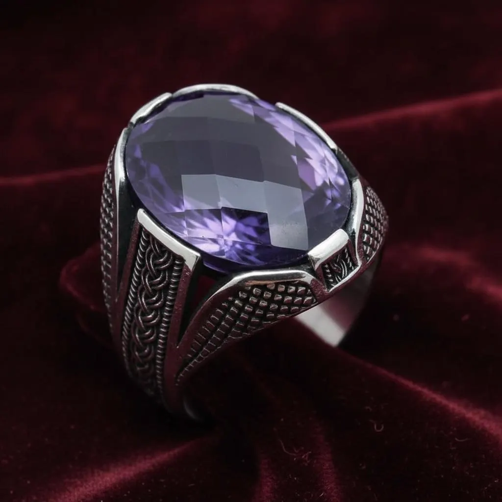 925 Sterling Silver Purple Zircon Ring, Braided Pattern Men’s Statement Ring