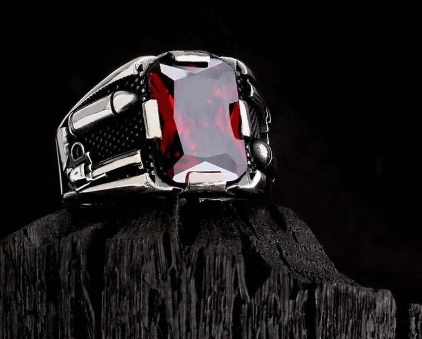 Men's Sterling Silver Ring, Emerald Cut Red Zircon Statement Ring