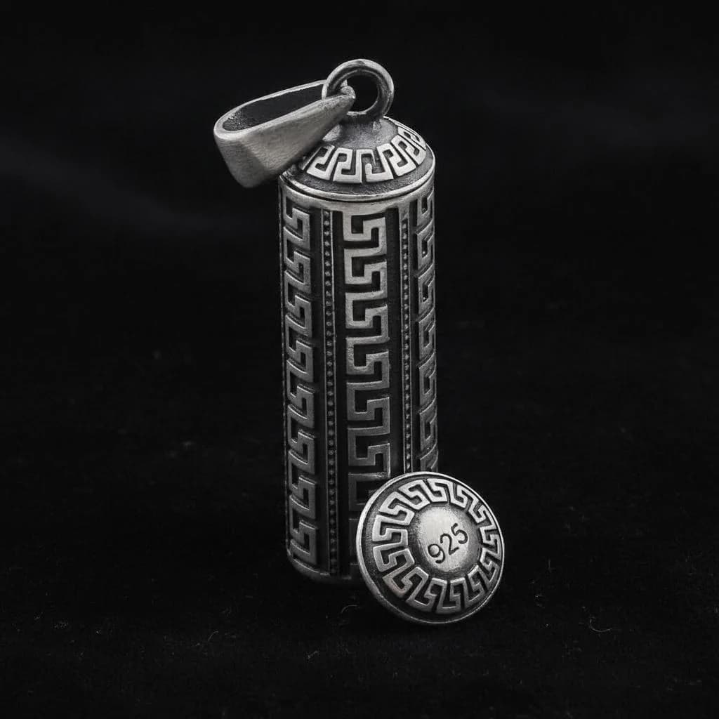 925 Sterling Silver Cylindrical Taweez Case Pendant, Small Cevsen Amulet Holder Necklace - image 4