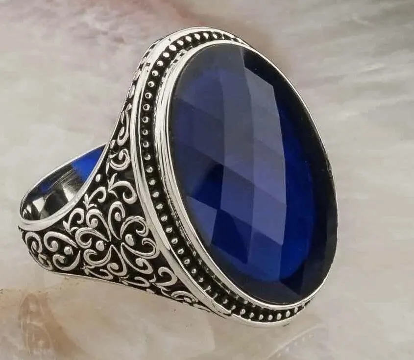 Men's Sterling Silver Blue Zircon Statement Ring, Ottoman Artistry Oval Gemstone