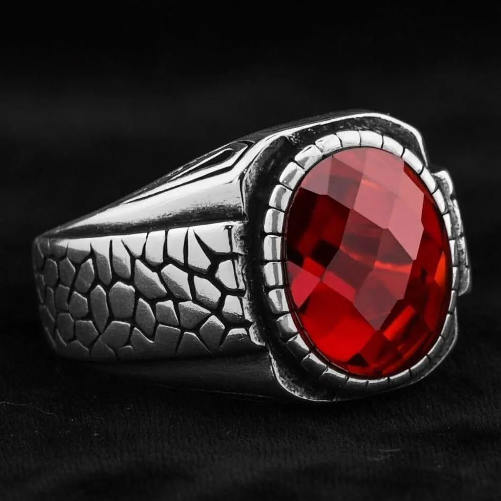 Men's Oval Red Zircon Sterling Silver Statement Ring, Oxidized Turkish Signet