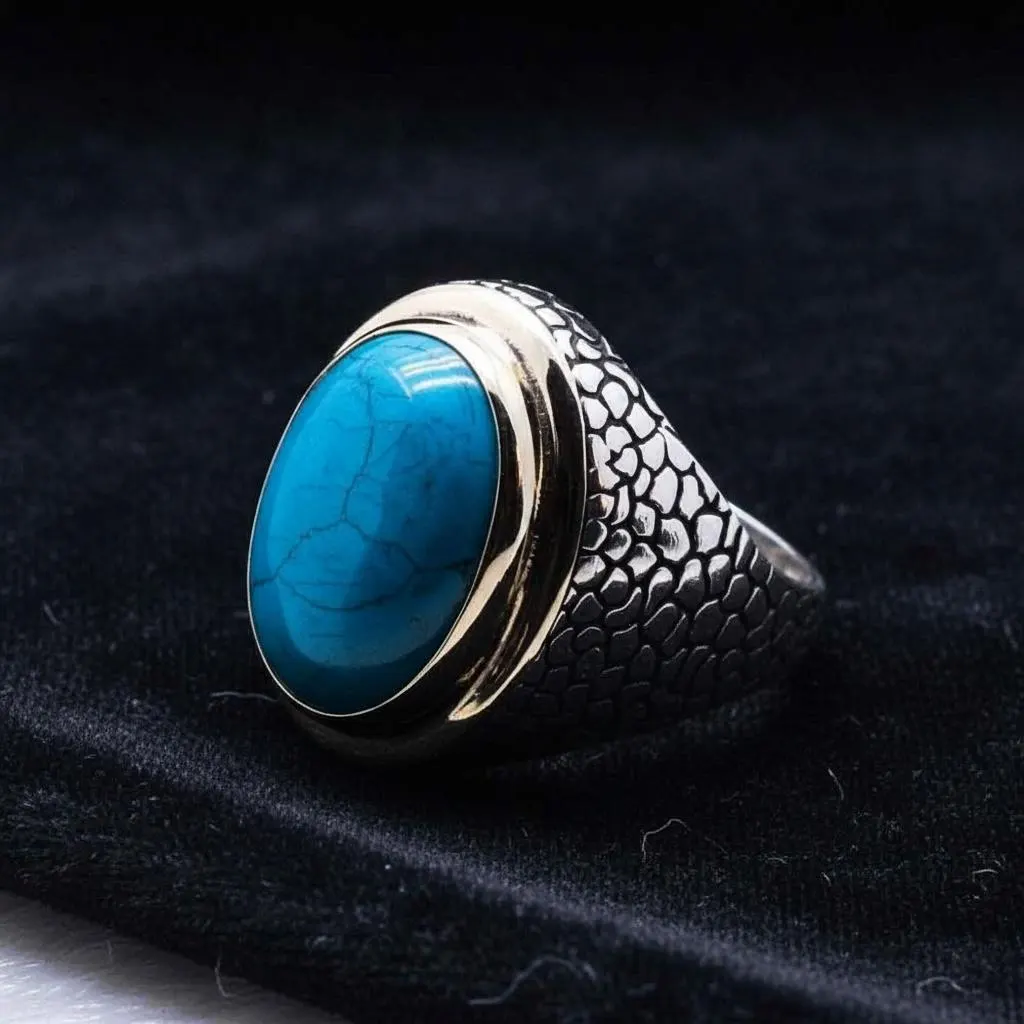 925 Sterling Silver Turquoise Stone Ring, Handmade Men’s Firuze Gemstone Statement Ring