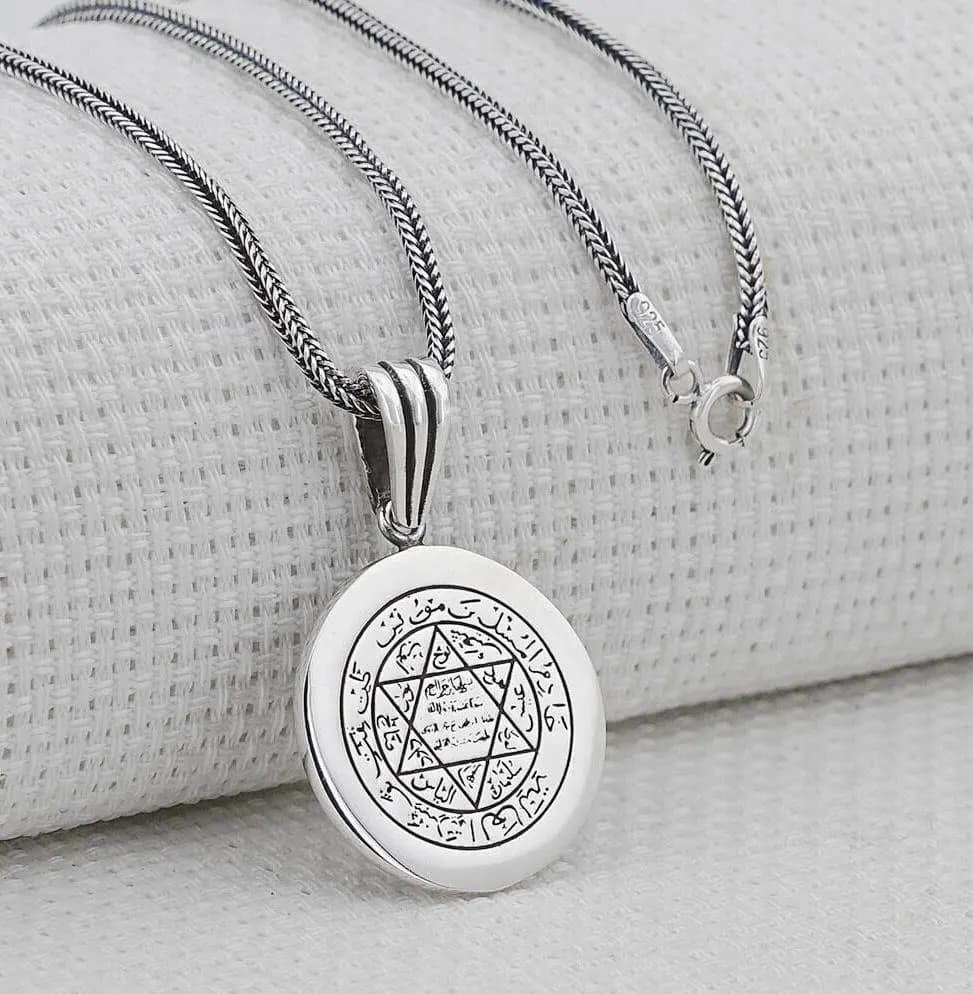 Seal of Solomon 925 Sterling Silver Necklace, Mührü Süleyman Unisex Pendant with Silver Chain