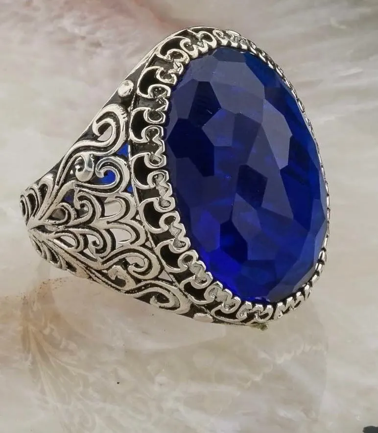 Men's Sterling Silver Blue Zircon Statement Ring, Ottoman Filigree Oval Signet