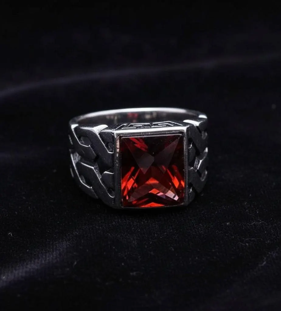 925 Sterling Silver Red Zircon Braided Signet Ring Geometric Statement
