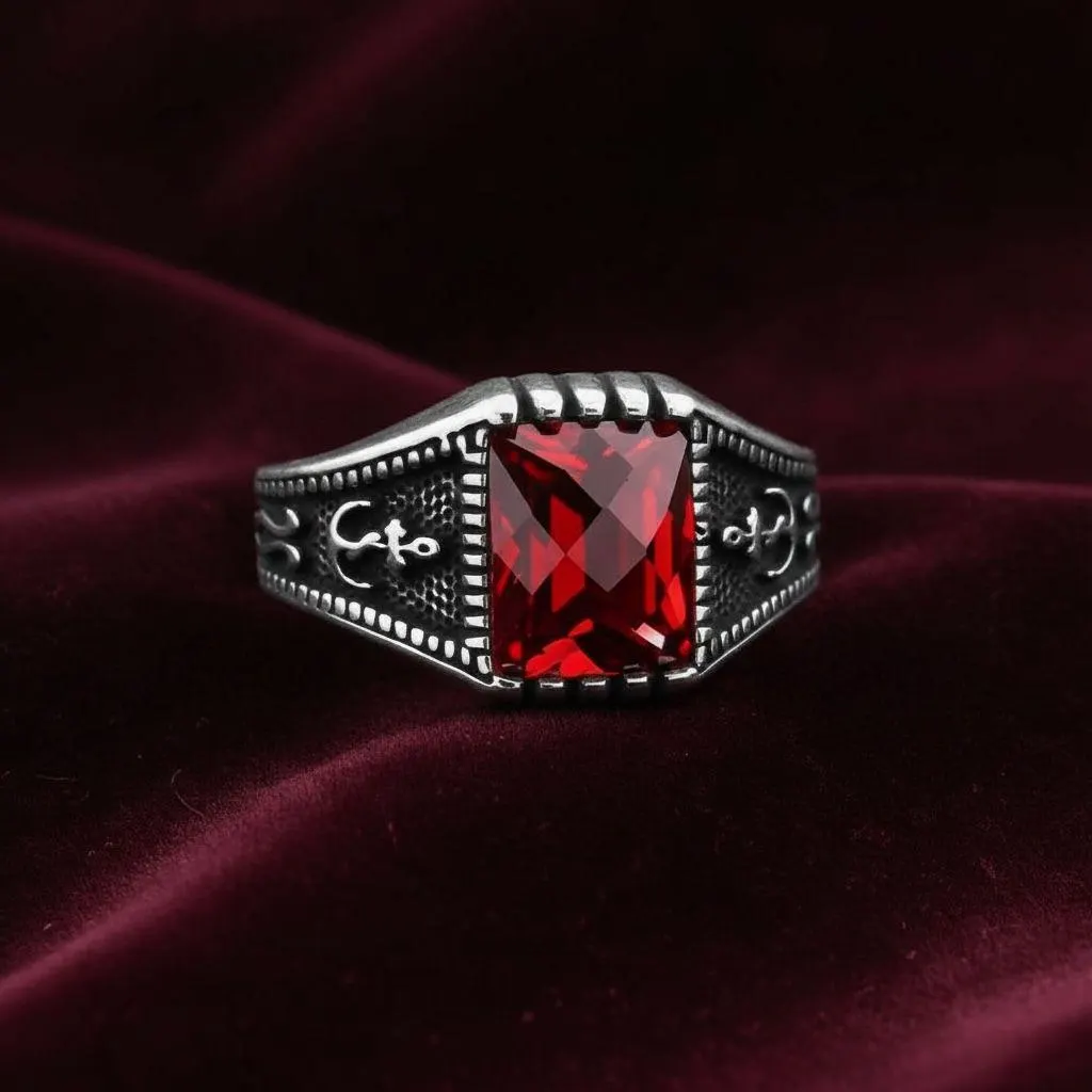 Men's Sterling Silver Anchor Ring, Red Zircon, Nautical Signet, Sailor Jewelry