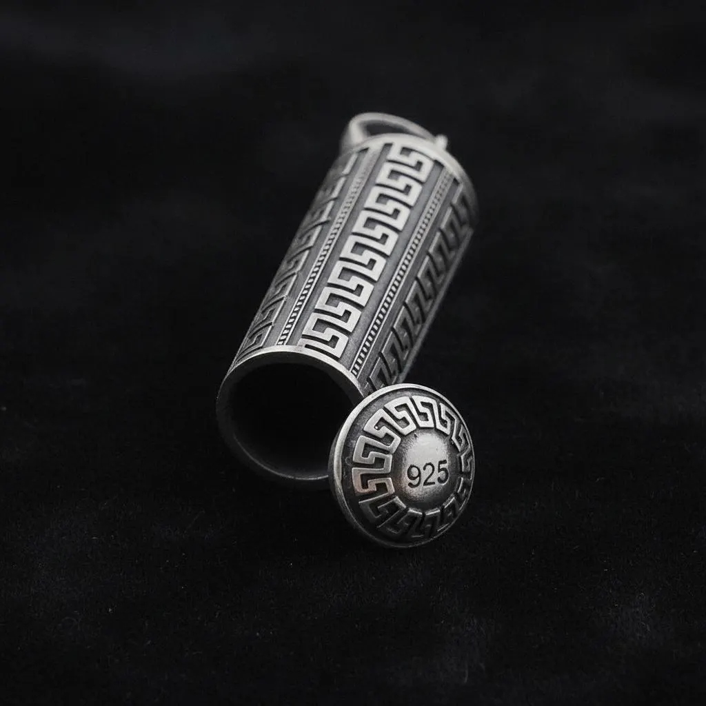925 Sterling Silver Cylindrical Taweez Case Pendant, Small Cevsen Amulet Holder Necklace