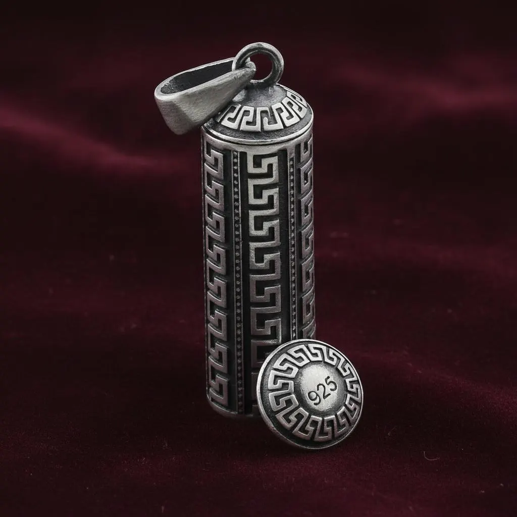 925 Sterling Silver Cylindrical Taweez Case Pendant, Small Cevsen Amulet Holder Necklace - image 5