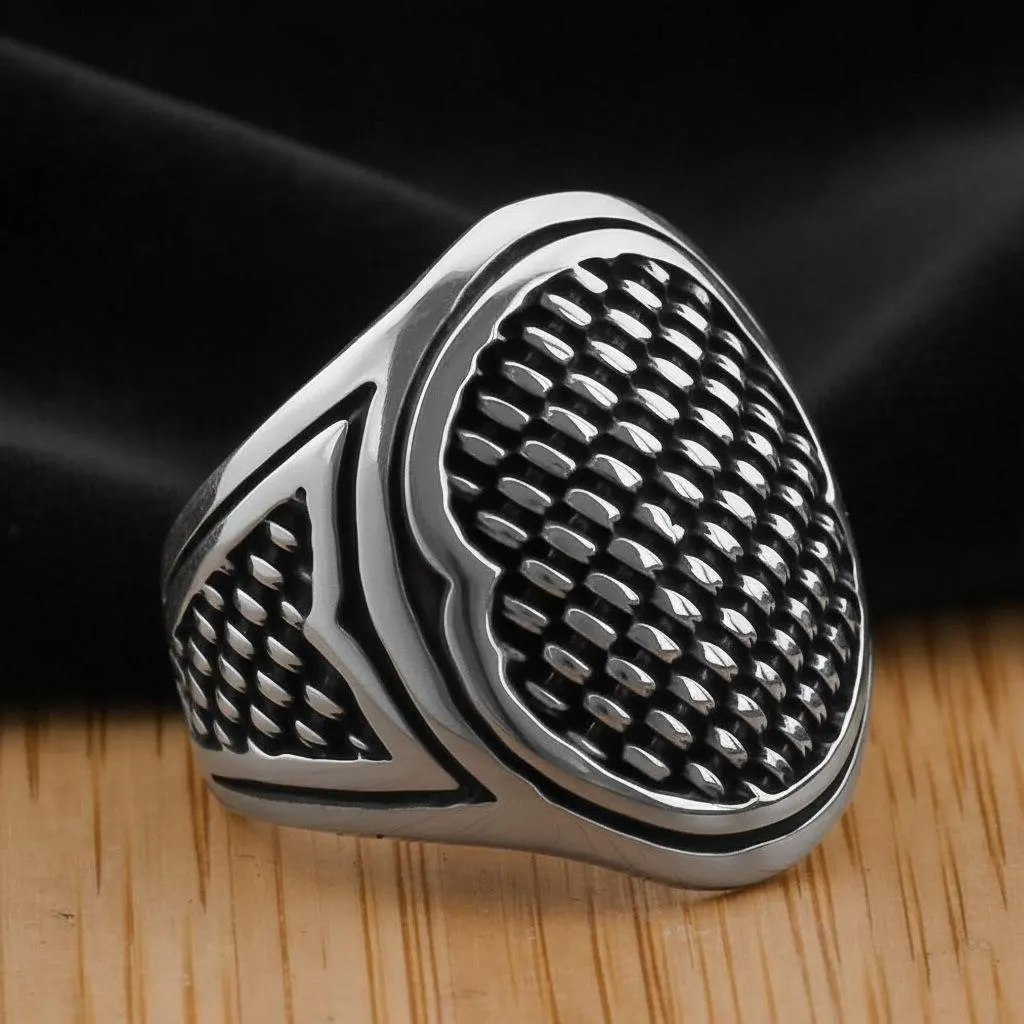 Men's Sterling Silver Textured Signet Ring, Oxidized Geometric Accents