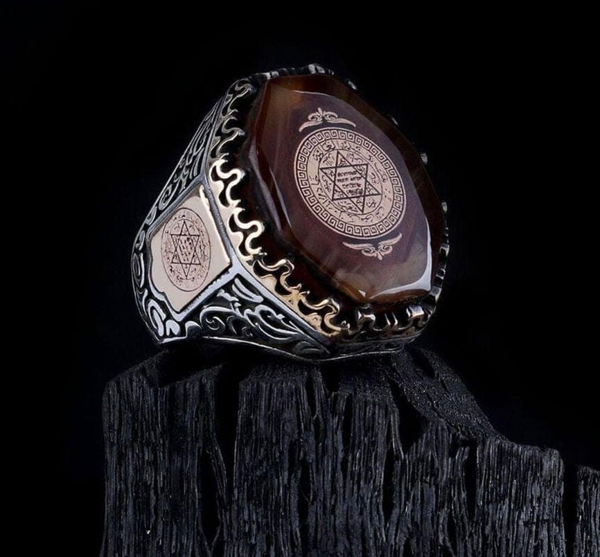 925 Sterling Silver Men's Statement Ring, Seal of Solomon Amber Stone Jewelry