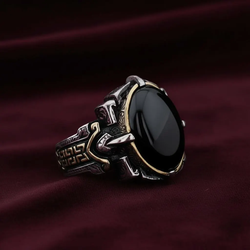 925 Sterling Silver Oval Black Onyx Ring, Ottoman Style Men’s Statement Ring
