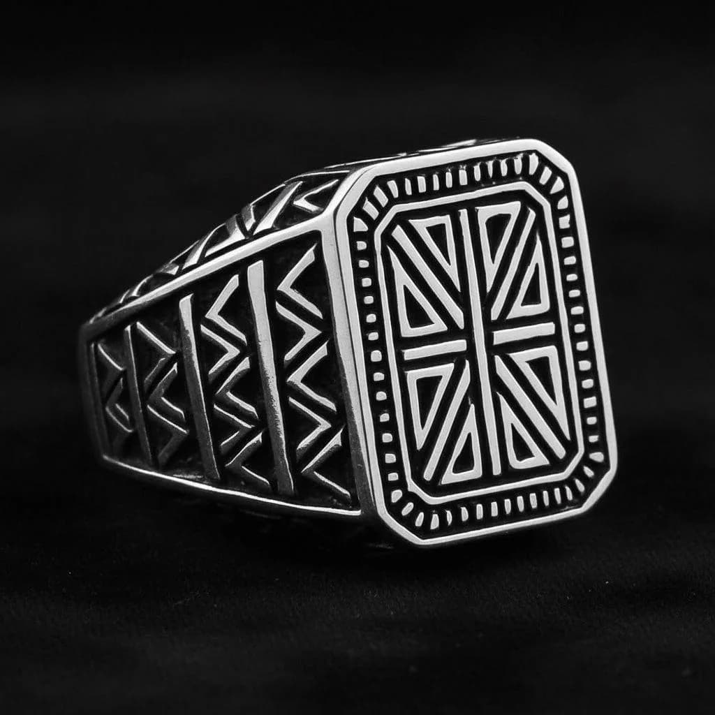 Men's Sterling Silver Seljuk Motif Signet Ring, Handmade Turkish Heritage Geometric Design