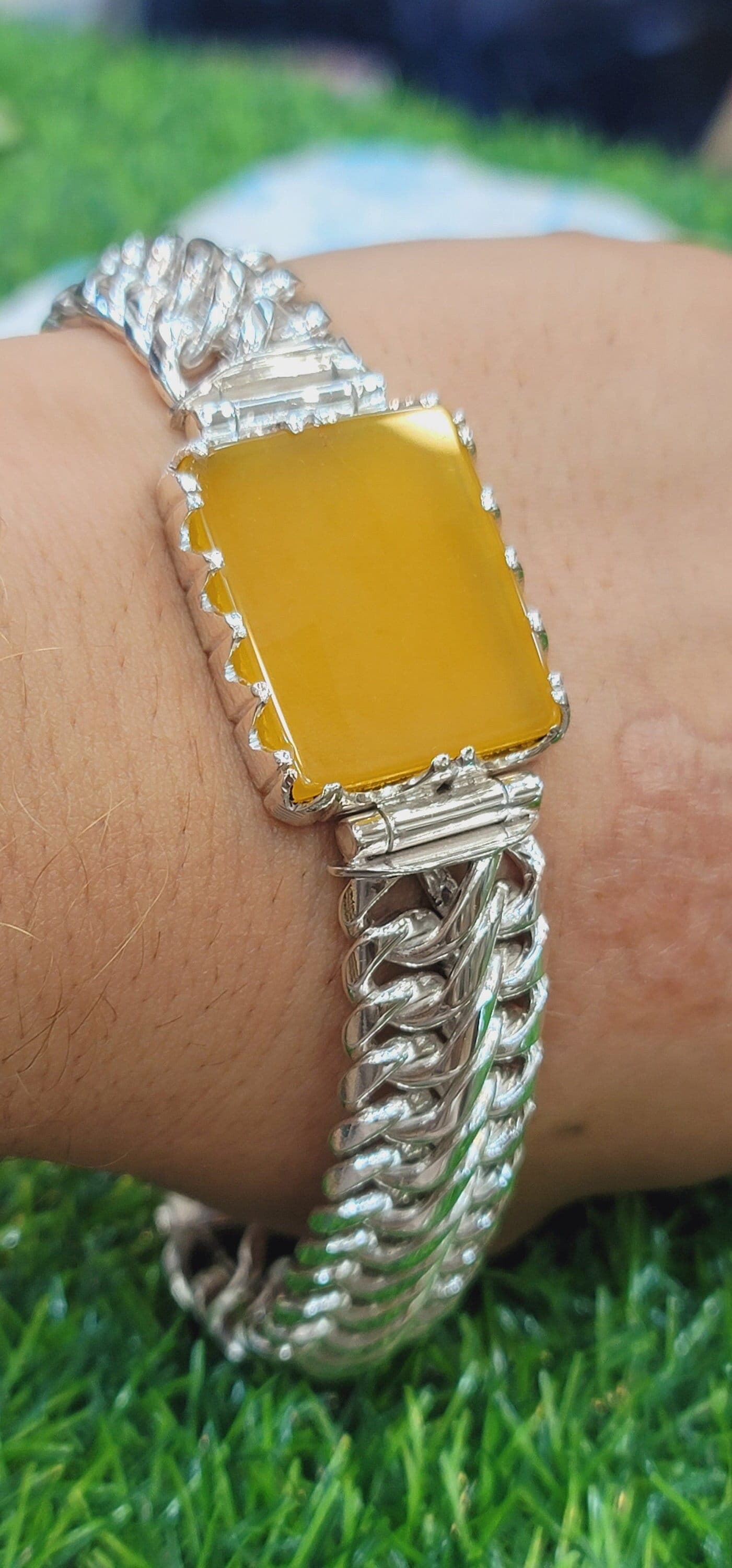 Natural Yellow Aqeeq Sterling Silver Bracelet | Antique Design, Engraved Name Lock Box