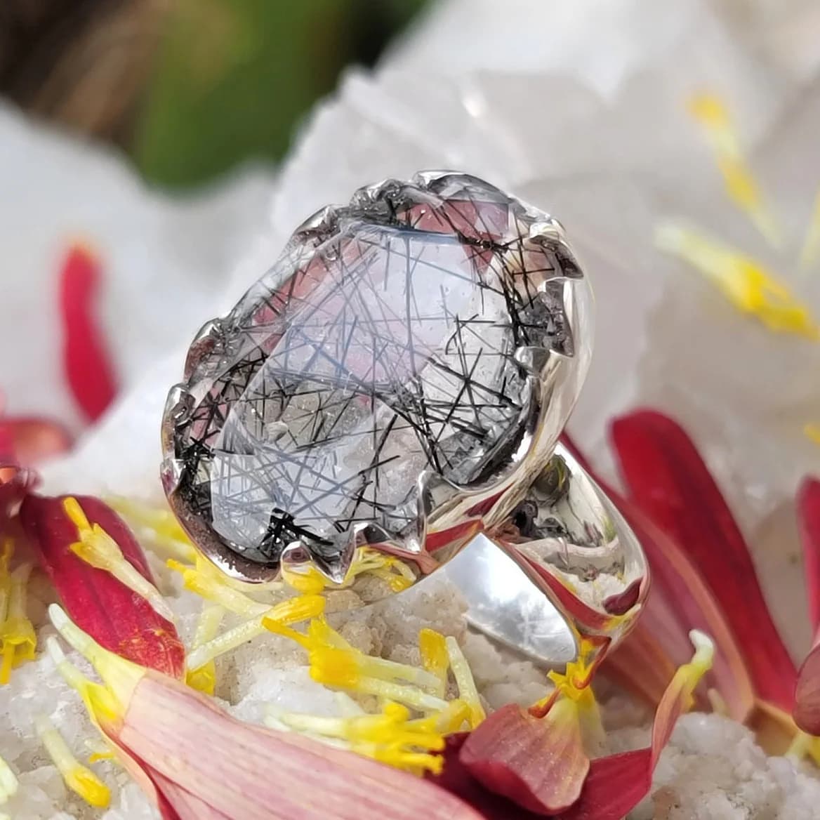 Rutilated Quartz Moe Najaf Black Hair Stone Sterling Silver Handmade Ring Mohe Najaf Natural Quartz Real Gemstone Jewelry New Year Gift