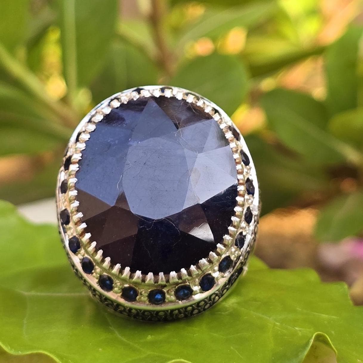 Natural Blue Sapphire Stone Handmade Antique Ring | Big Size Neelum Stone | Handcrafted Vintage Jewelry