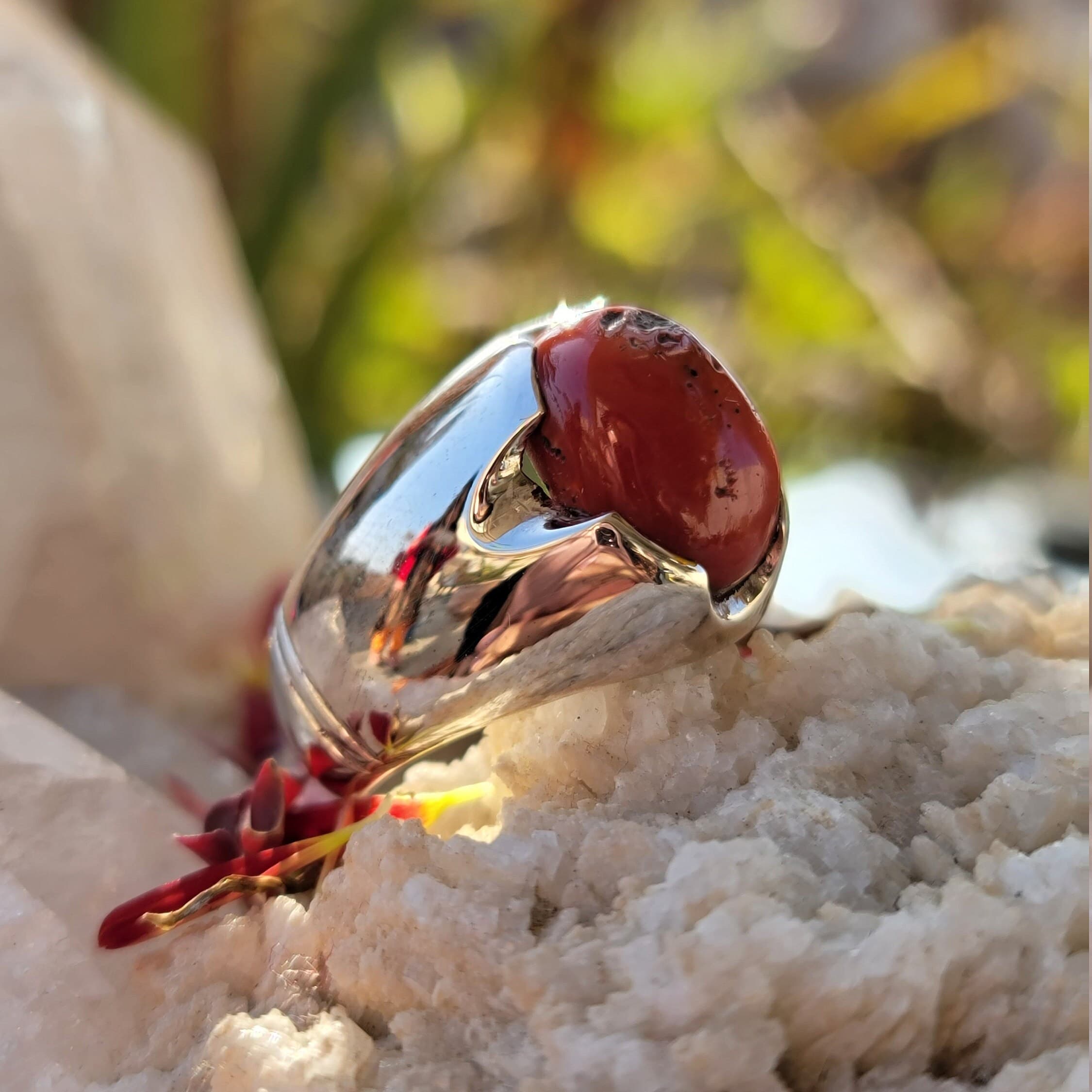 Mens Beautiful Coral Marjaan Ring Natural Coral 925 Sterling Silver Handmade Ring Luxury Great Polished Design Ring Monga Stone Perfect Gift