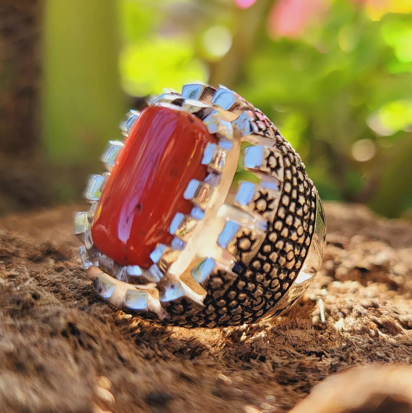 Long Coral Ring Natural Clean Coral Marjan 925 Sterling Silver Designer Ring Long Coral Marjan Geometric Handmade Ring Gift for Mothers Love