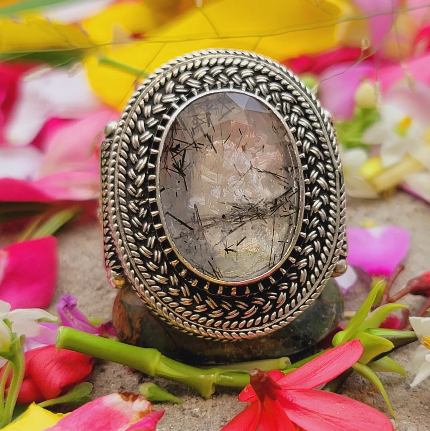 Excellent Quality Rutilated Quartz Moe Najaf Black Hair Stone Sterling Silver Handmade Ring Mohe Najaf Natural Quartz Real Gemstone Jewelry