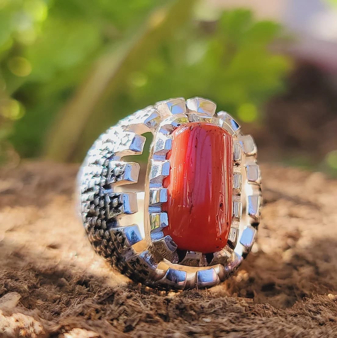 Long Coral Ring Natural Clean Coral Marjan 925 Sterling Silver Designer Ring Long Coral Marjan Geometric Handmade Ring Gift for Mothers Love - image 4