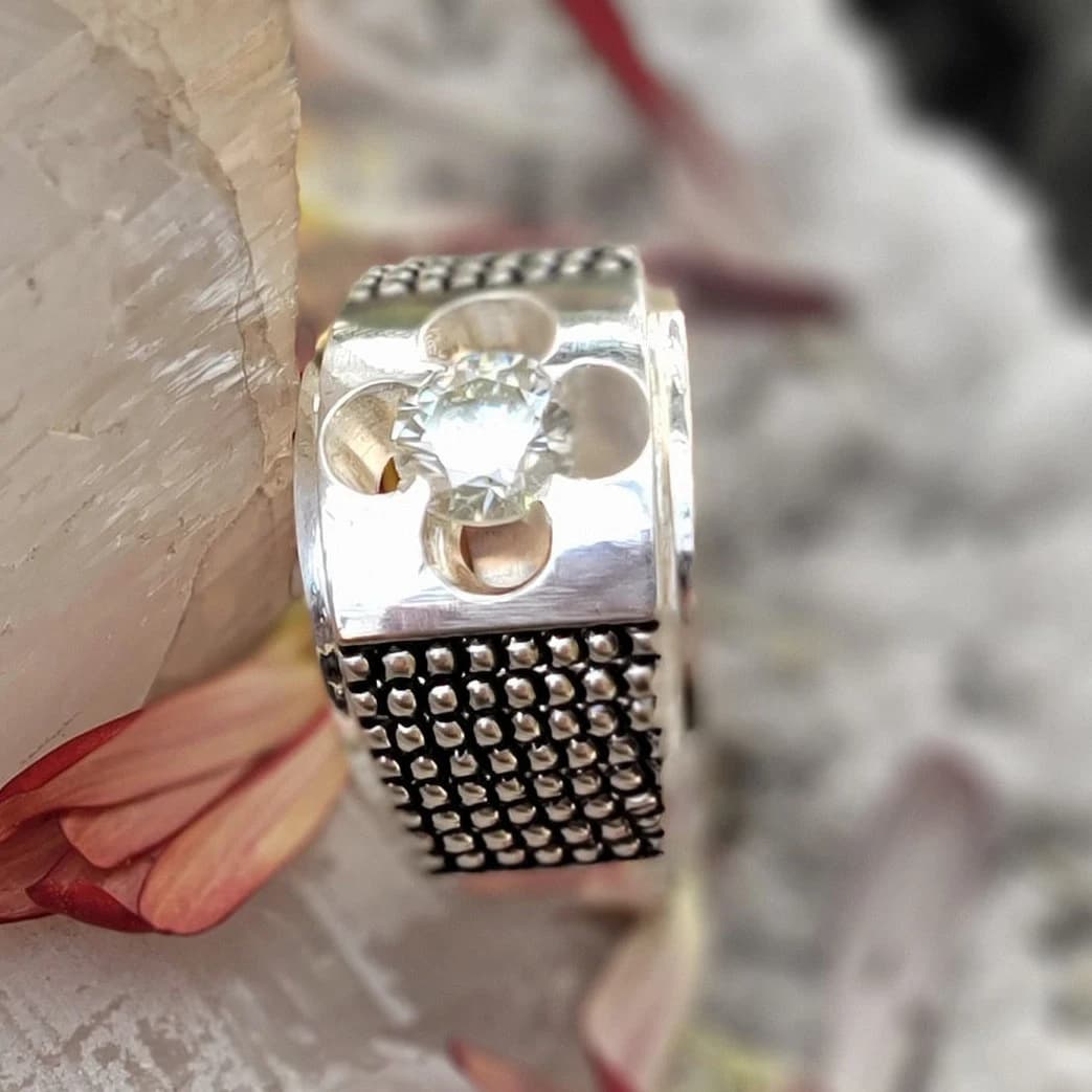 Moissanite Stone Valentines Gift Hand Engraved 925 Sterling Silver Stone Handmade Valentines Ring Moissanite Diamond Stone Ring Perfect Gift