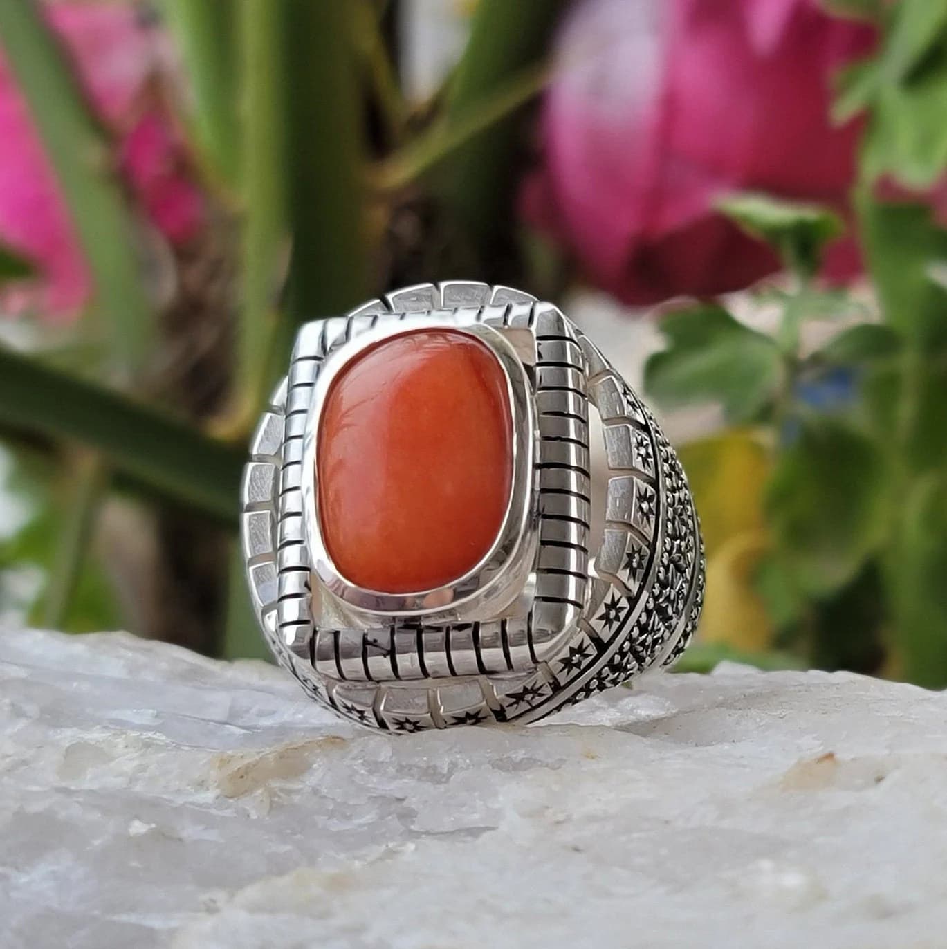 Coral Stone Handmade Silver Ring Natural Coral Stone 925 Sterling Silver Handmade Designer Ring Perfect Gift For Your Love
