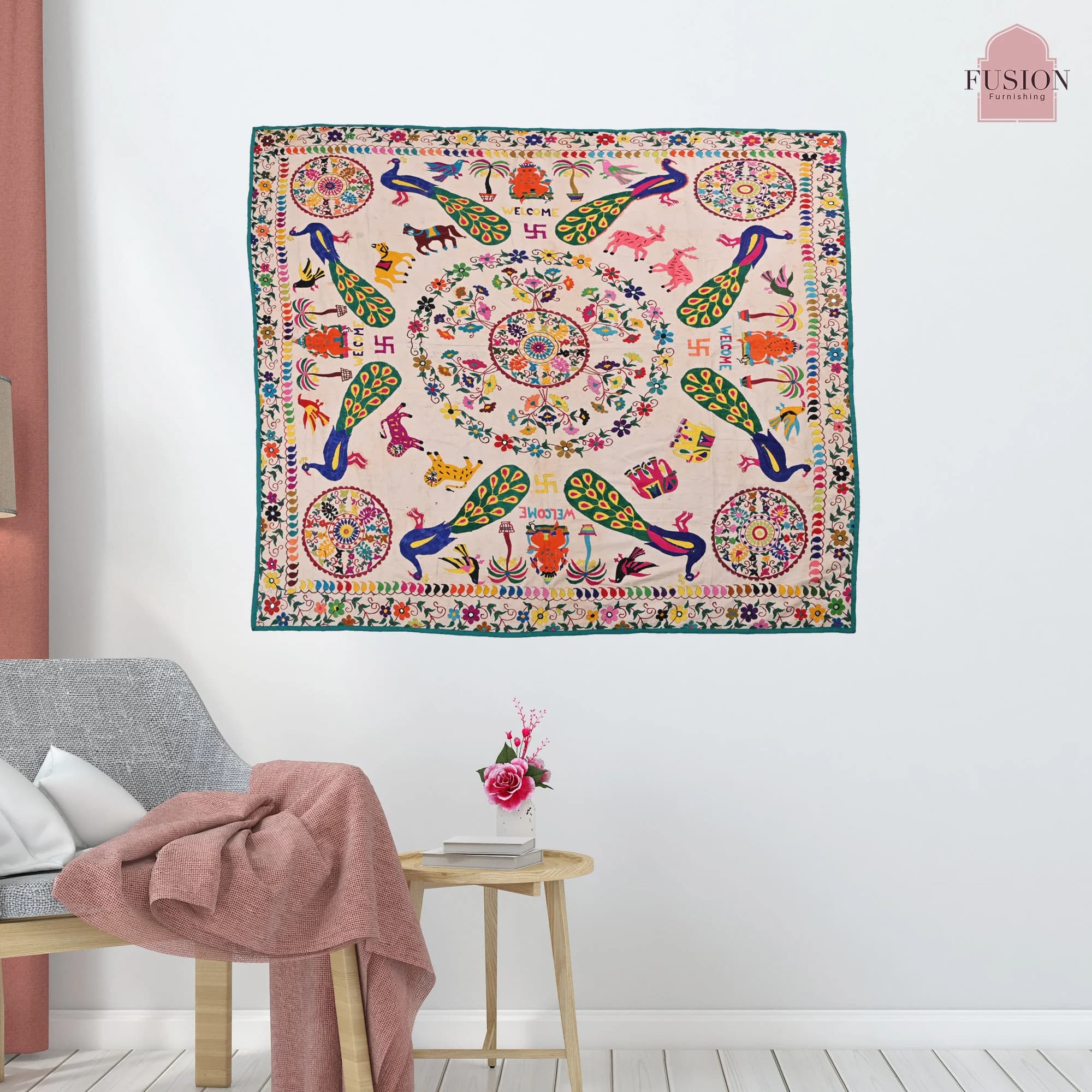 Peacock and Floral motifs multi embroidery Gujarati wall hangings, Traditional Living room decorative hand woven vintage textile
