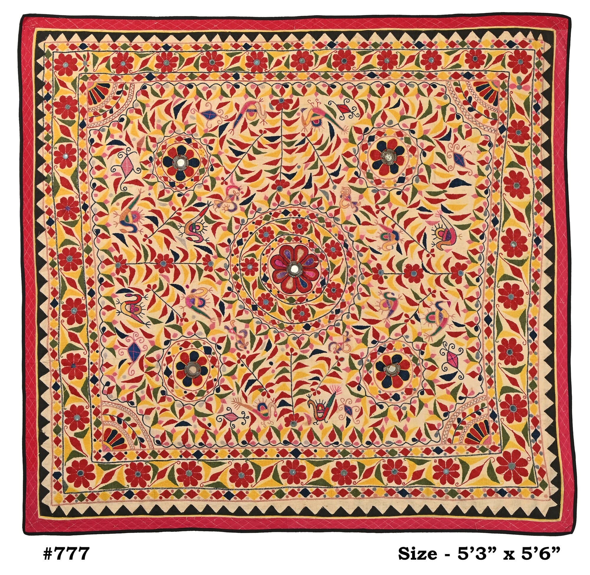 Hand Embroidered Mirror Work Tapestry: Vintage Gujarati Textile Wall Hanging (5.3*5.6 Ft) - image 3