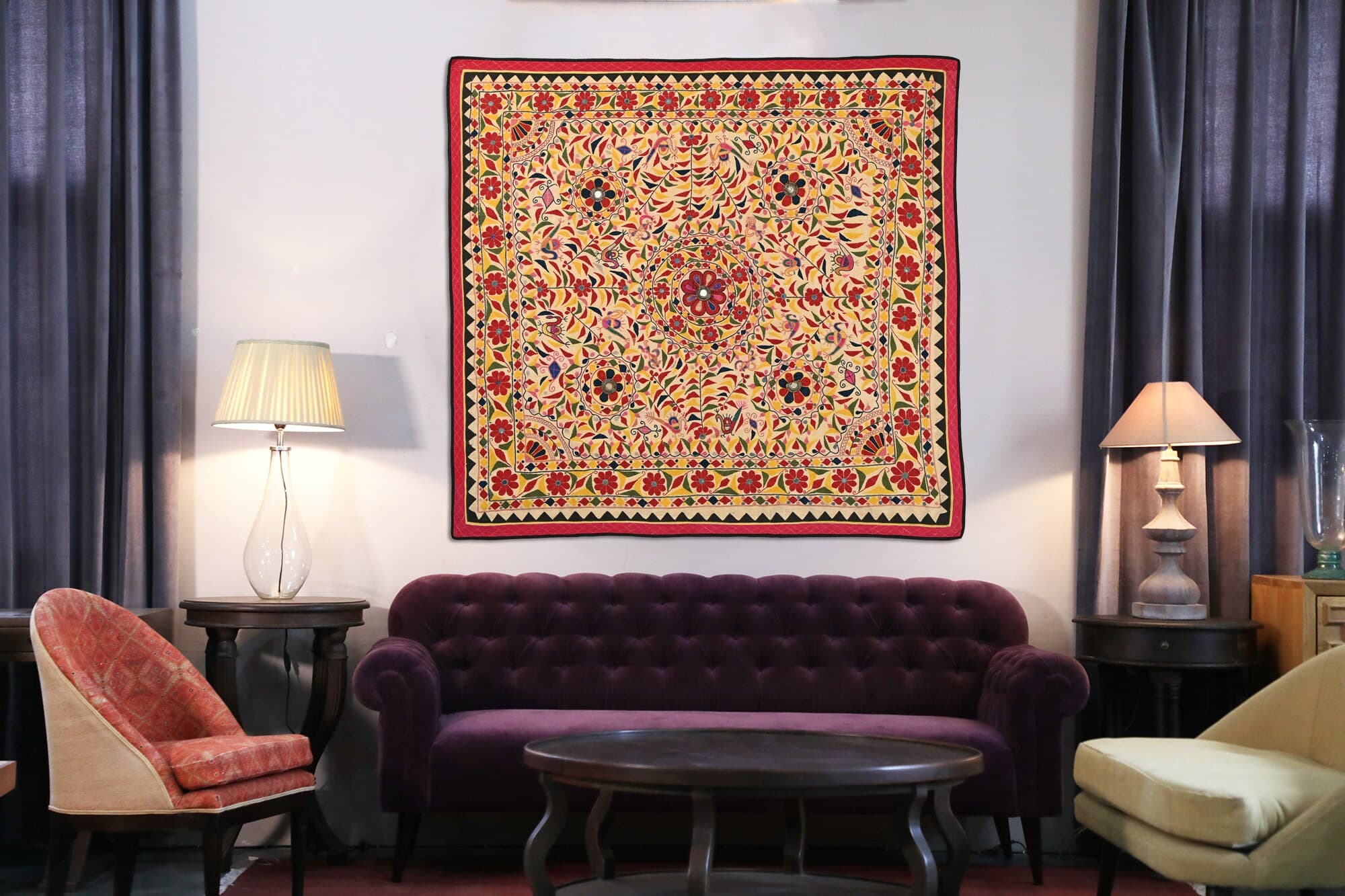 Hand Embroidered Mirror Work Tapestry: Vintage Gujarati Textile Wall Hanging (5.3*5.6 Ft) - image 4