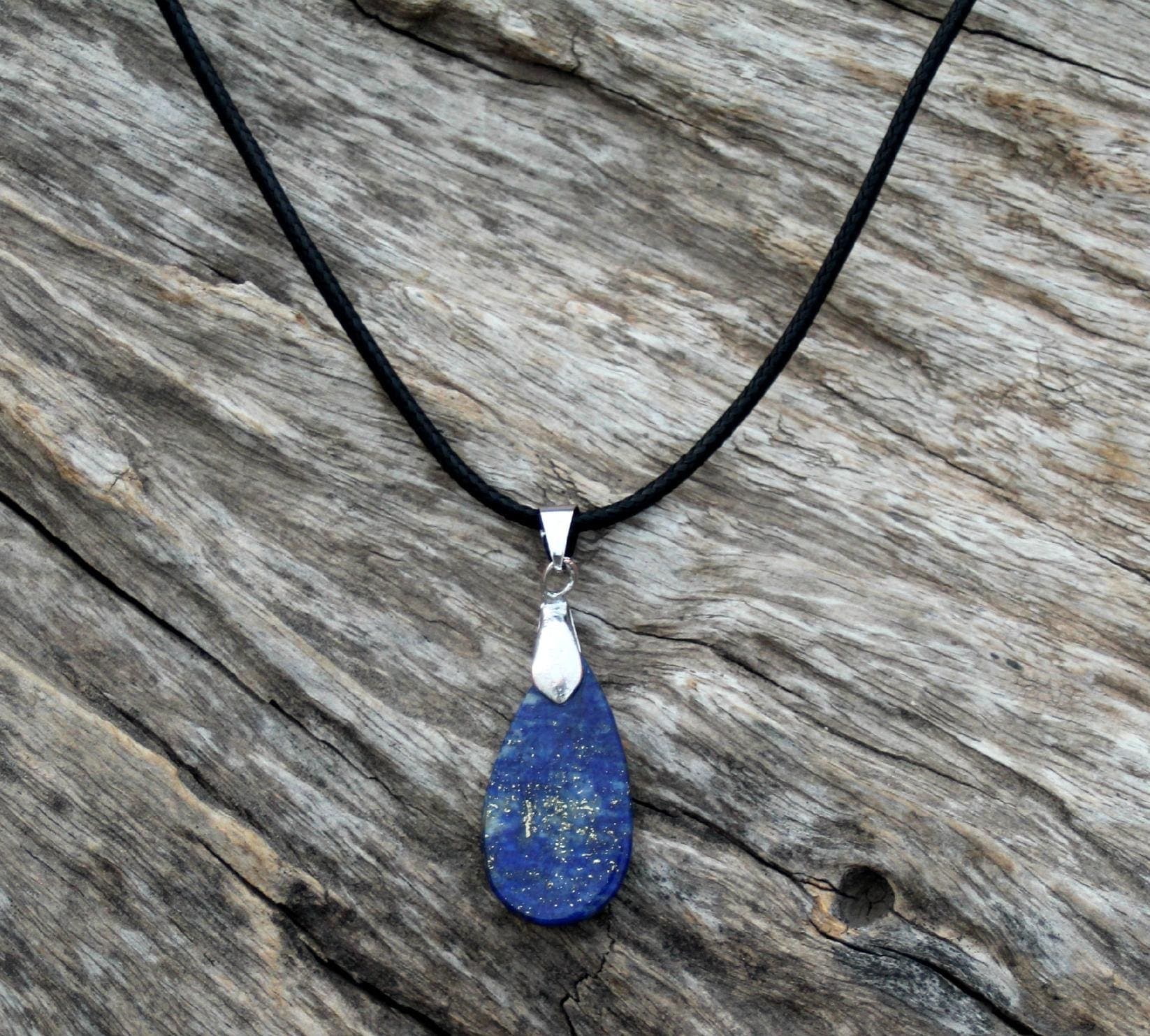 Lapis Lazuli Pendant Necklace – Natural Handmade Afghan Gemstone on Leather Cord, Healing Crystal Jewelry