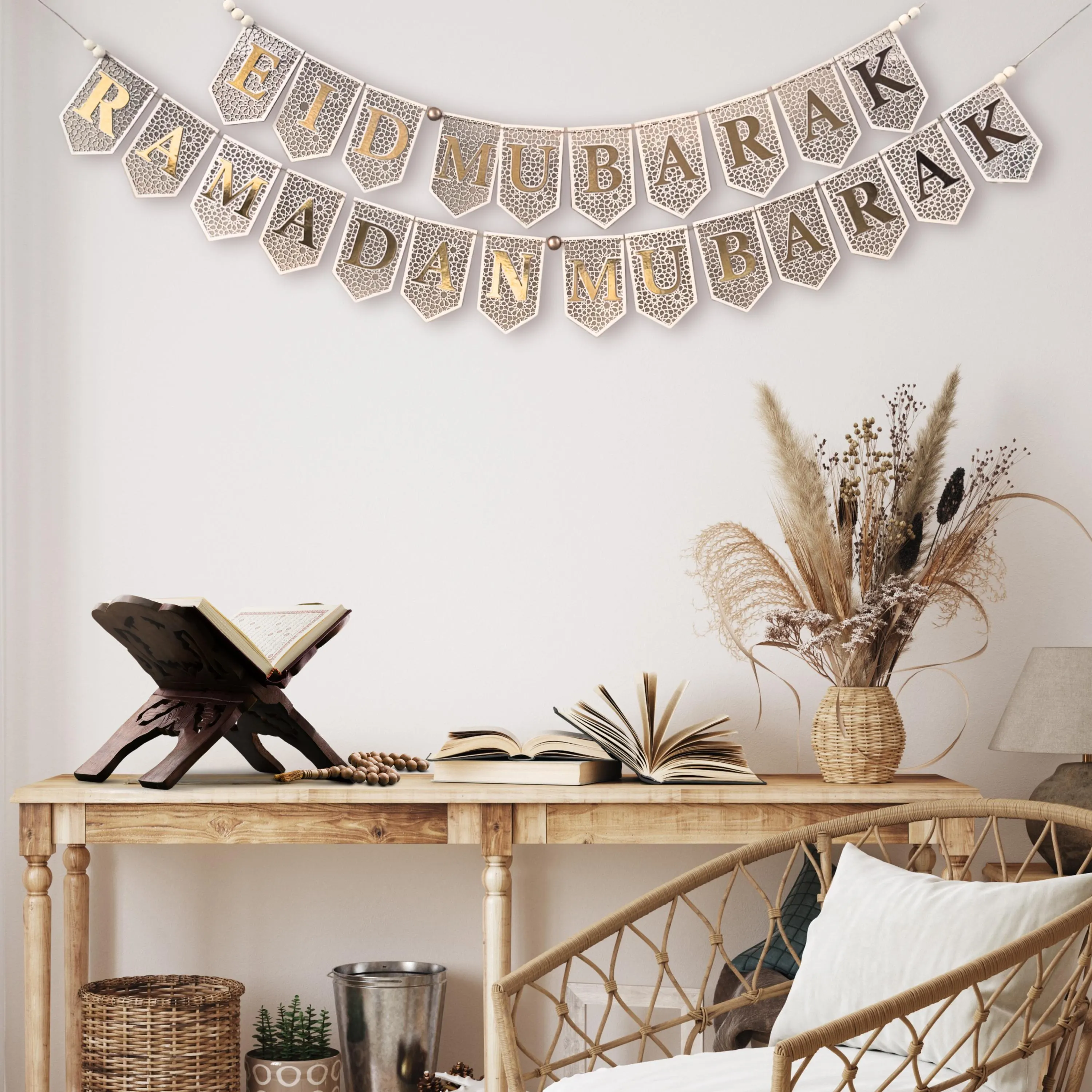 Wooden Ramadan Eid Mubarak Banner, Gold Home Decor - image 2