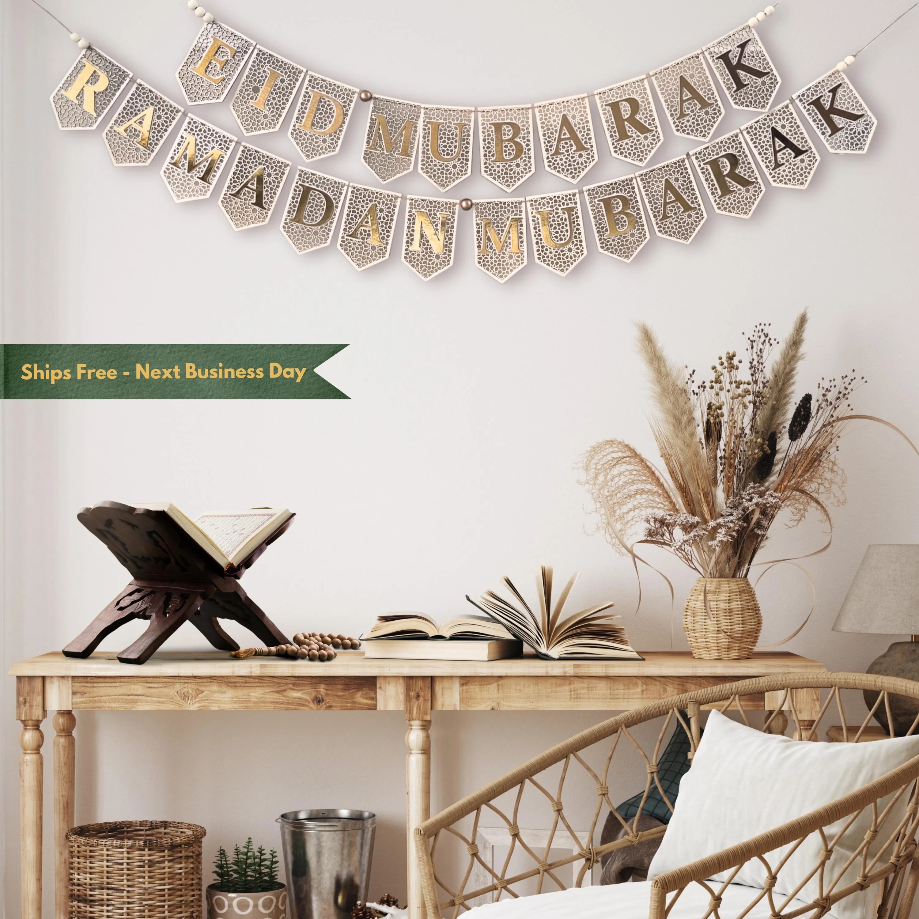 Wooden Ramadan Eid Mubarak Banner, Gold Home Decor