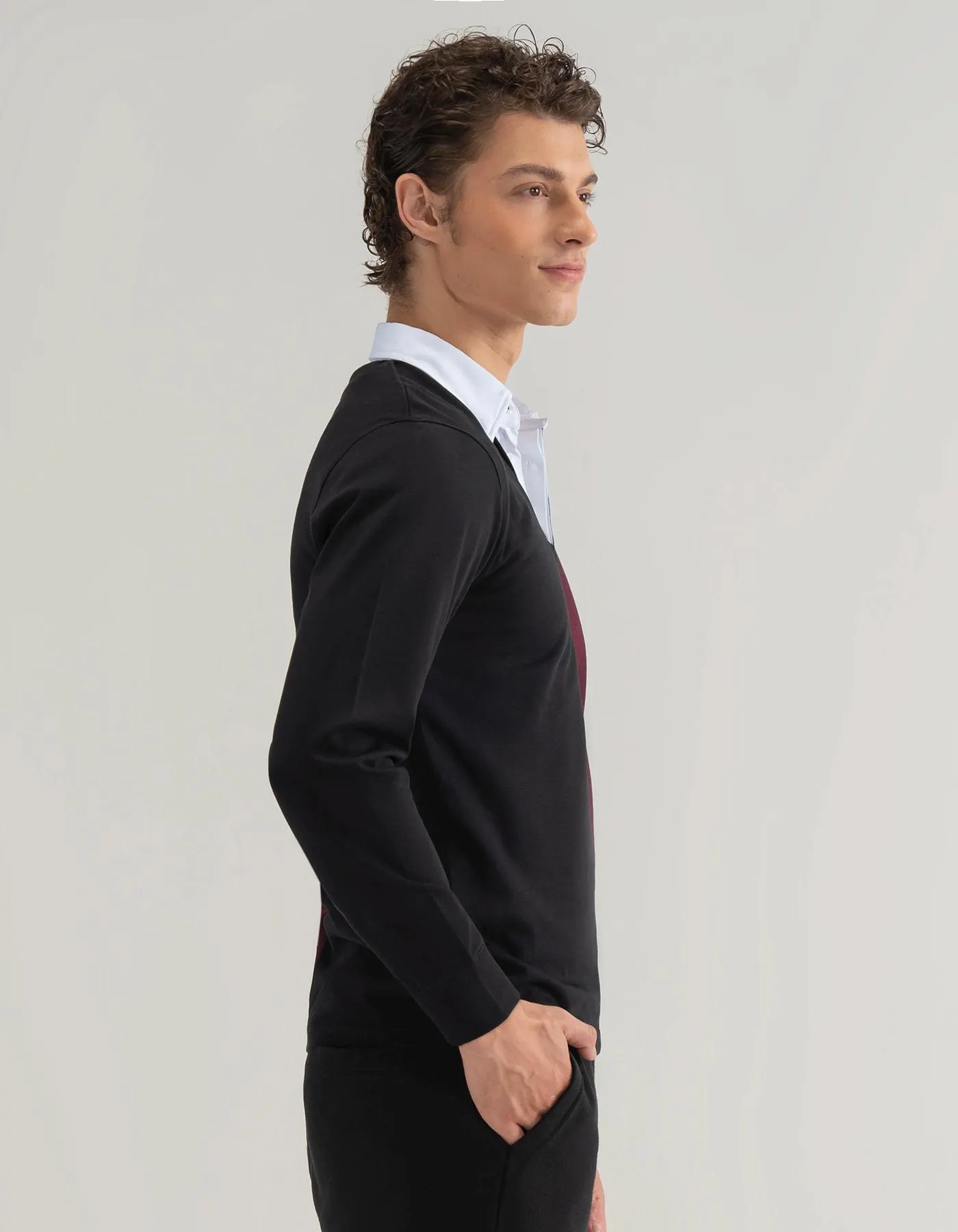 Black and Maroon Colour Block Rugby Shirt - image 3