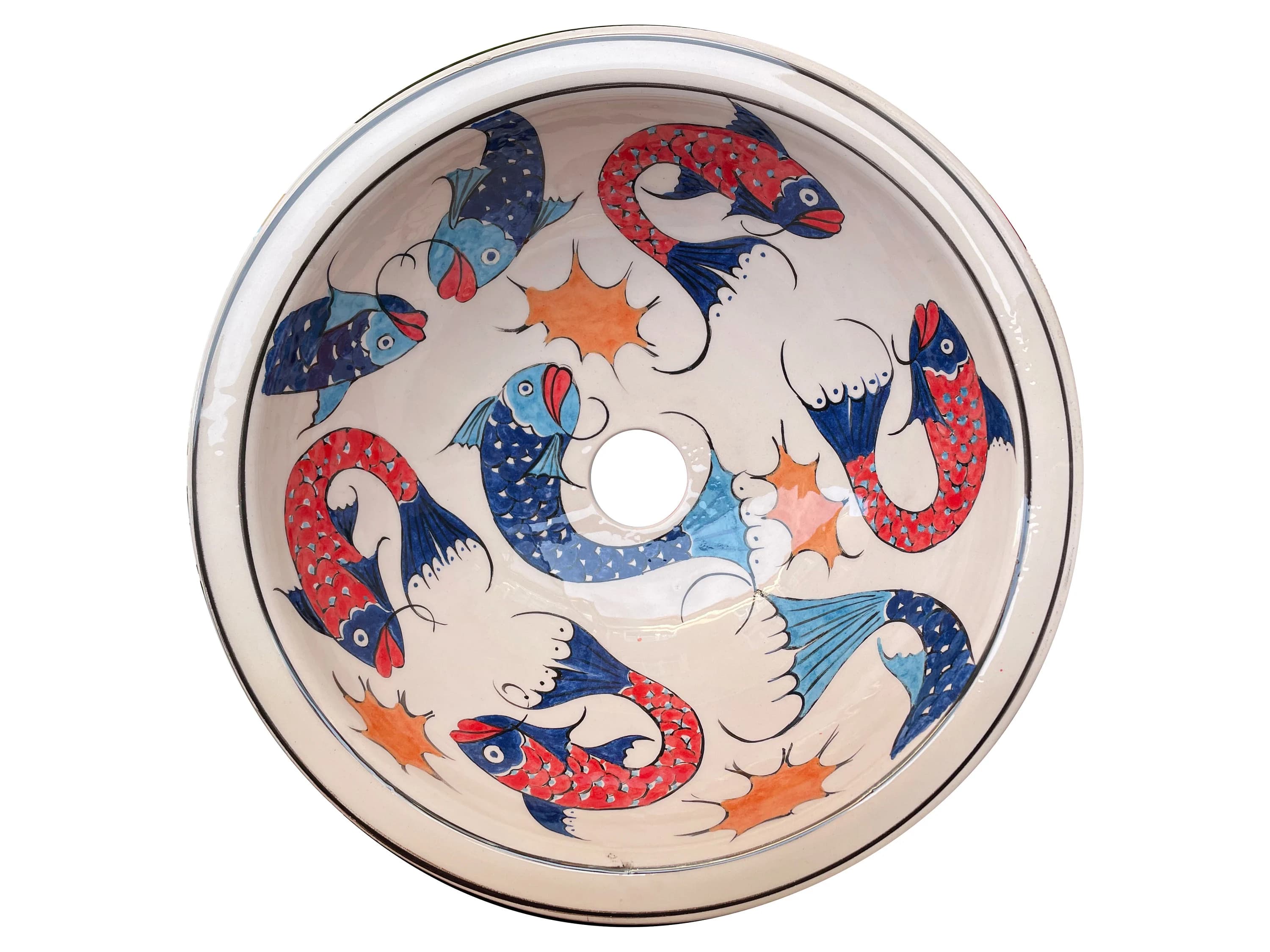 Bathroom Fish Design Sink, Ceramic Countertop Basin, Hand Painted Pottery Basin, Moroccan Washbasin, Guest Bathroom Remodeling, Marine Sink - image 3