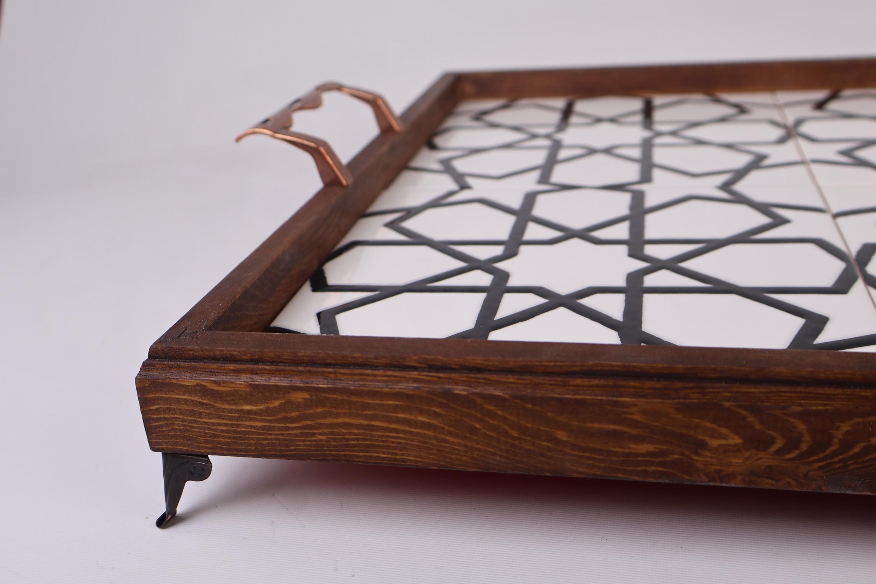 White Large Wooden Serving Tray & Ceramic Tile, Decorative Floral Tile, Mexican Turkish Oriental Tile, Organizer Serving, Breakfast Platter - image 3