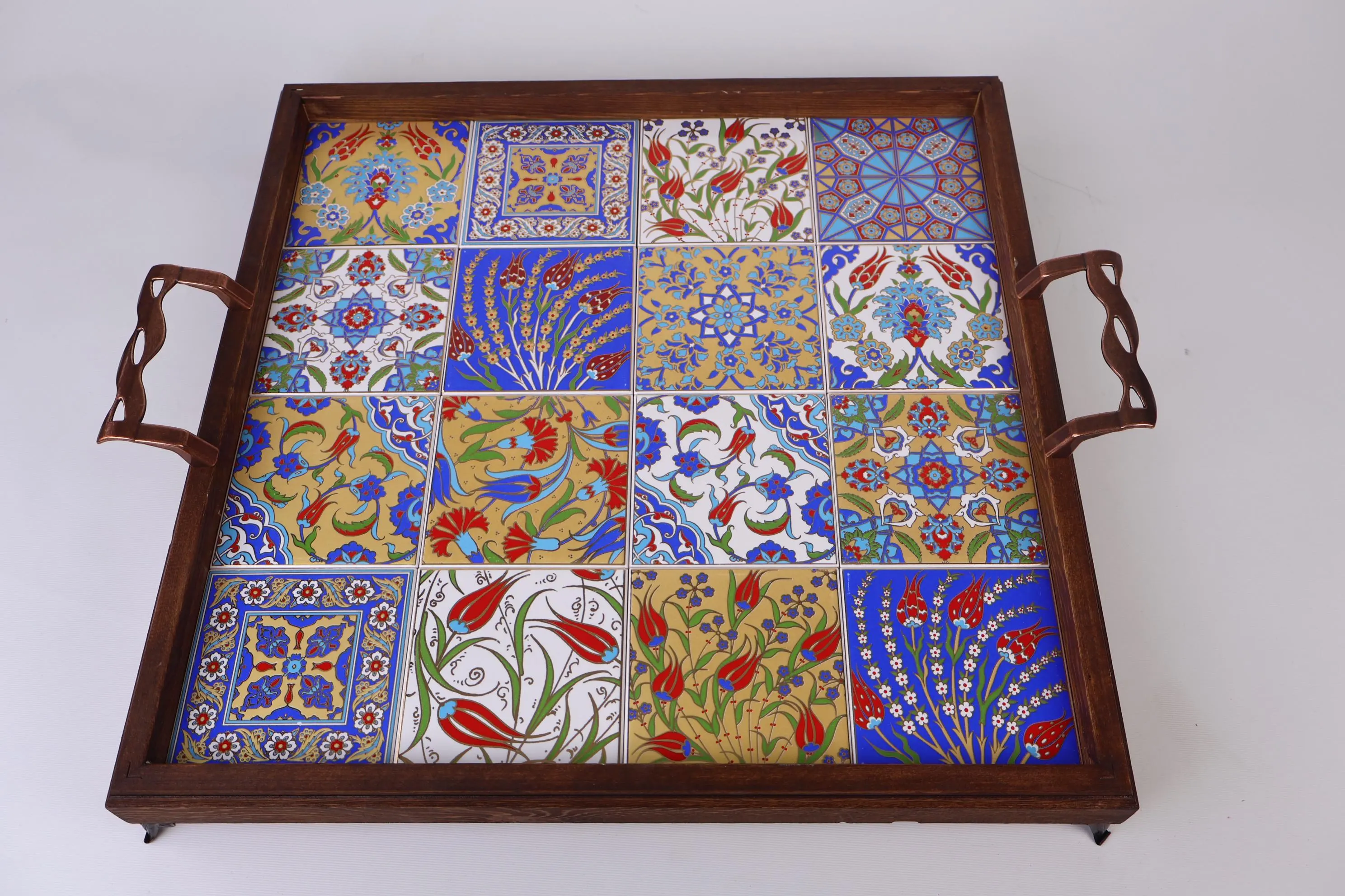 Large Wooden Serving Tray & Ceramic Gold-Gilded Tile, Decorative Floral Tile, Turkish Oriental Tile, Coffee Serving, Breakfast Dinner Plate - image 4