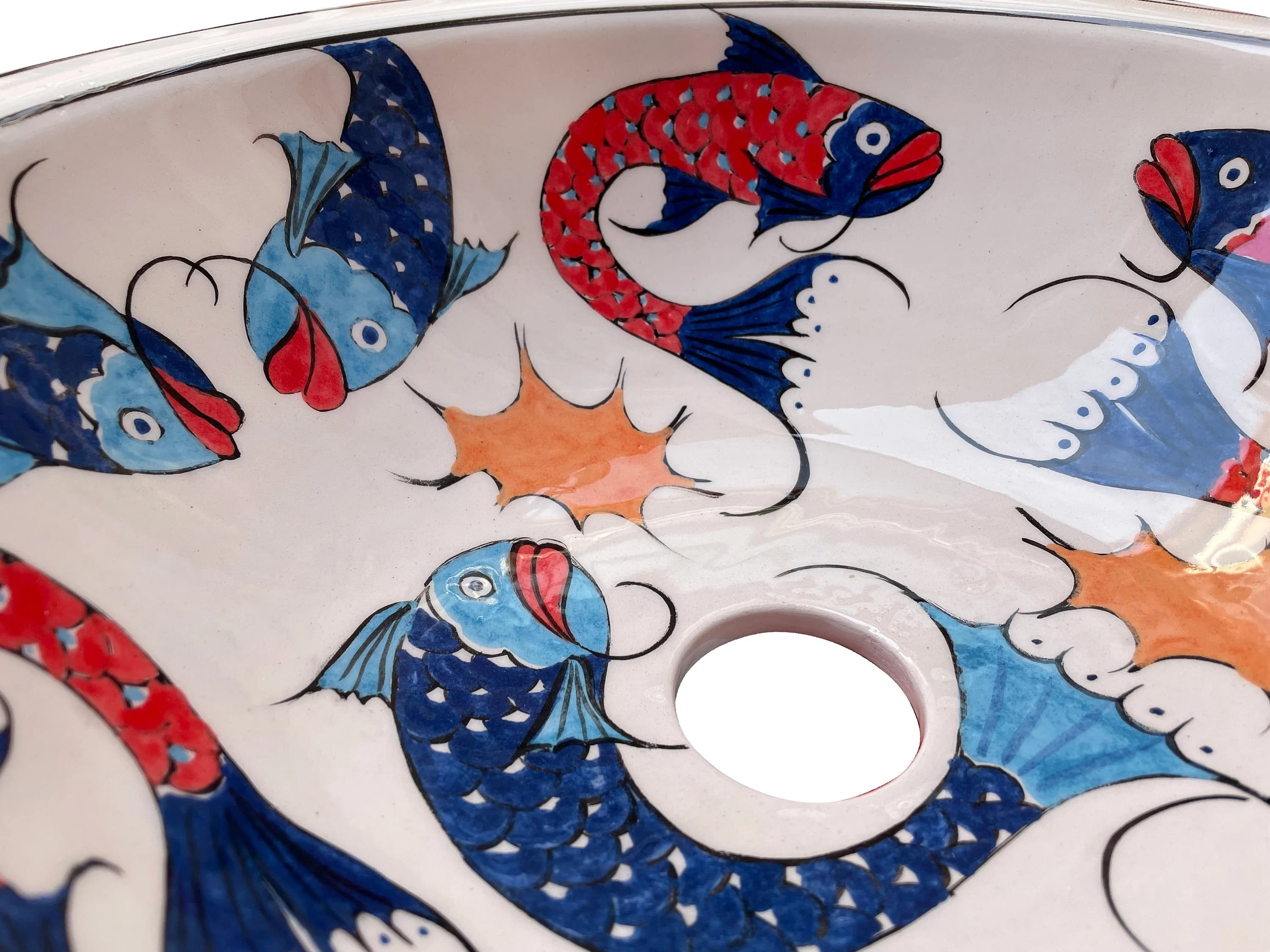 Bathroom Fish Design Sink, Ceramic Countertop Basin, Hand Painted Pottery Basin, Moroccan Washbasin, Guest Bathroom Remodeling, Marine Sink - image 5