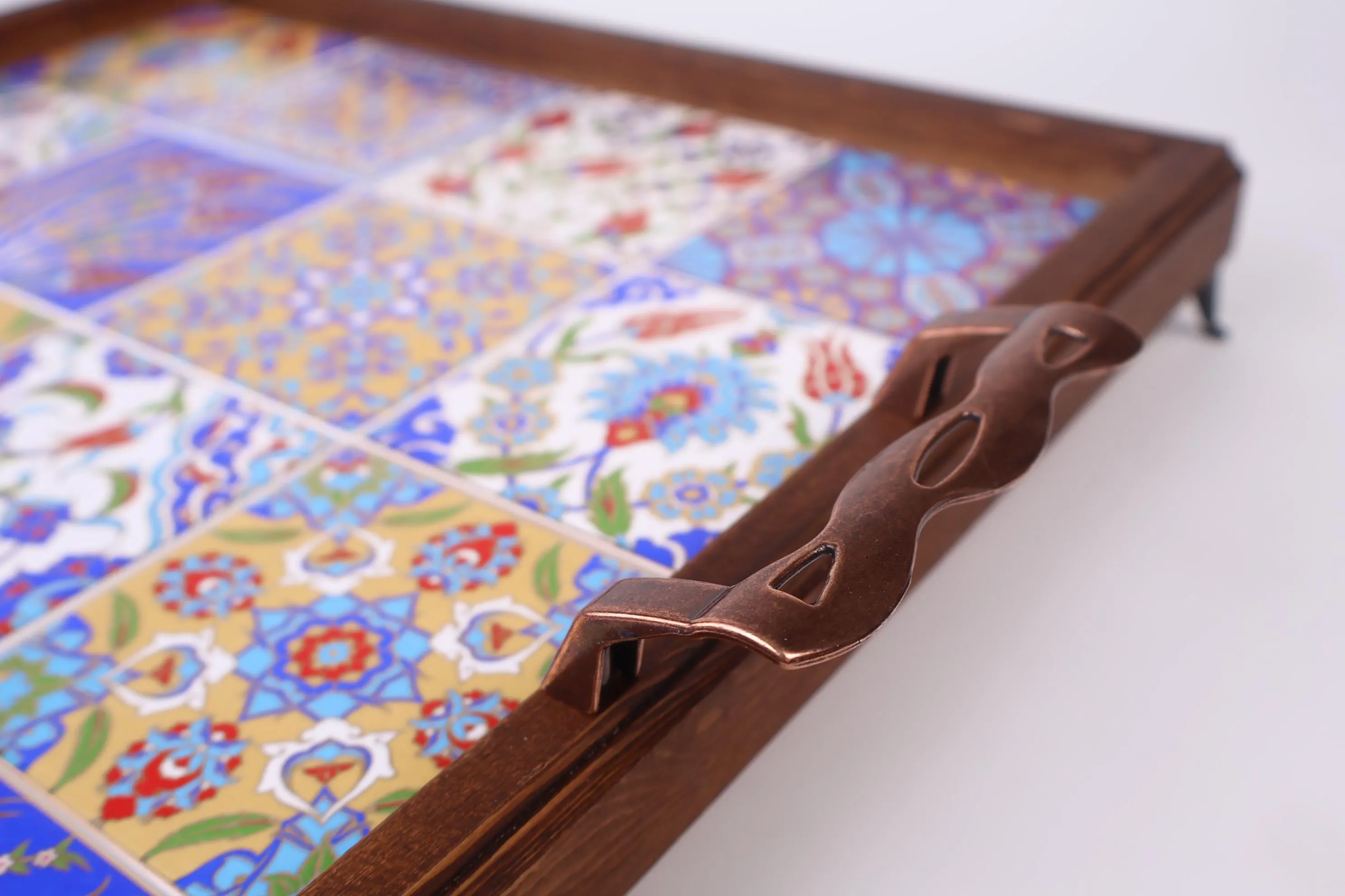 Large Wooden Serving Tray & Ceramic Gold-Gilded Tile, Decorative Floral Tile, Turkish Oriental Tile, Coffee Serving, Breakfast Dinner Plate - image 3