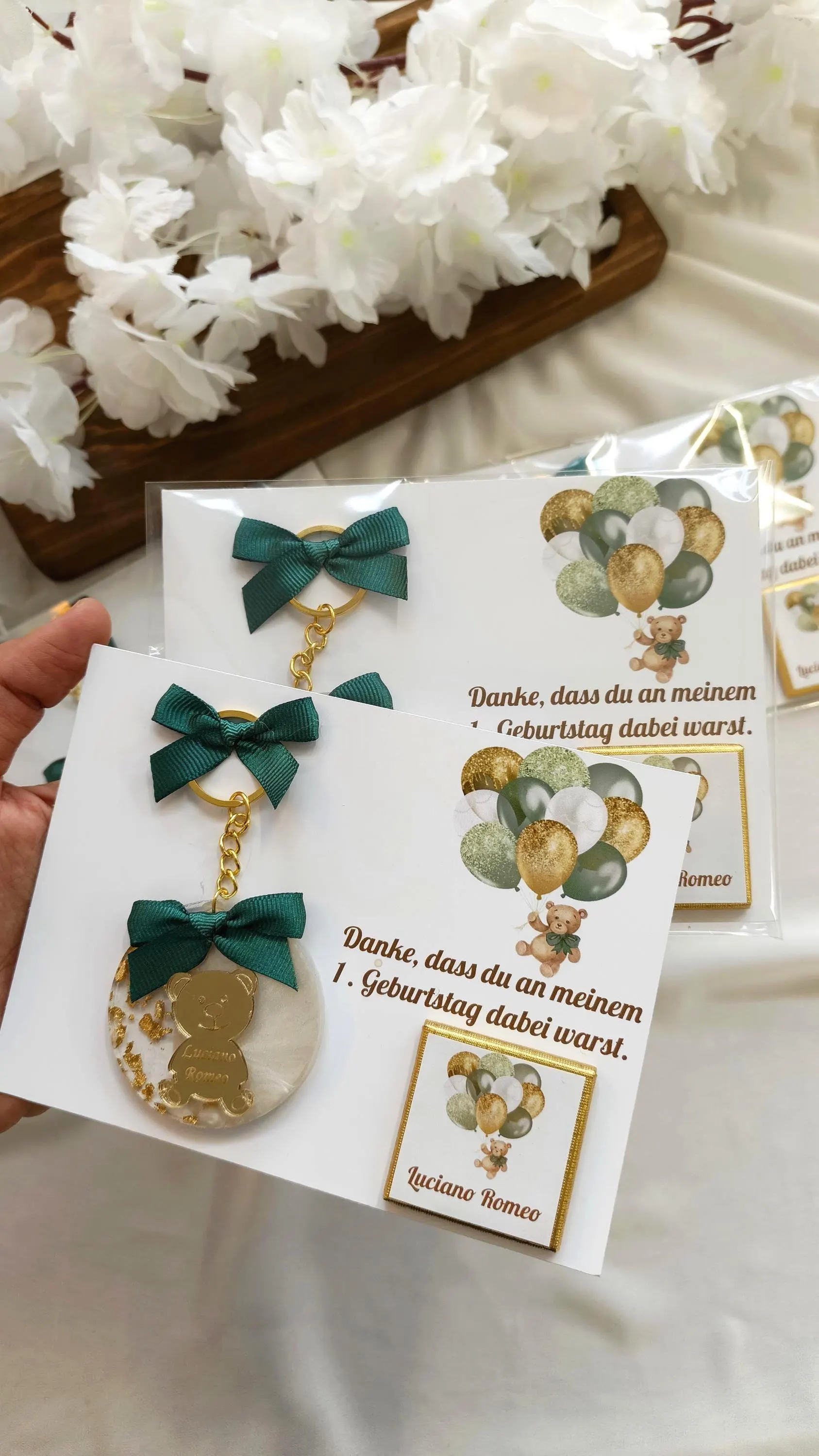 Green Ballons Teddy bear Party Keychain Favors, New Born Party Gifts, Baby Boy Shower Chocolate Gift