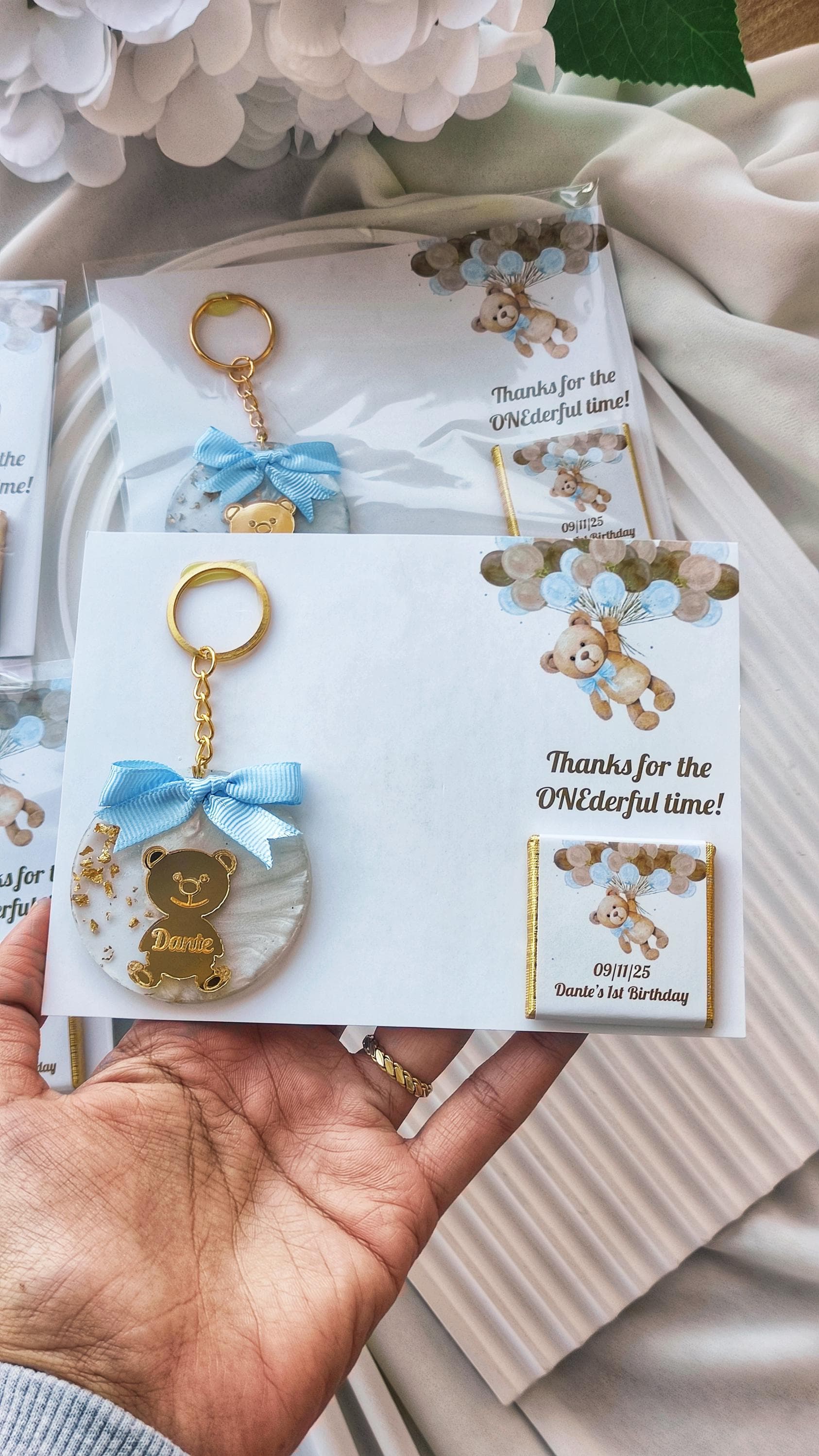 Green Ballons Teddy bear Party Keychain Favors, New Born Party Gifts, Baby Boy Shower Chocolate Gift - image 3