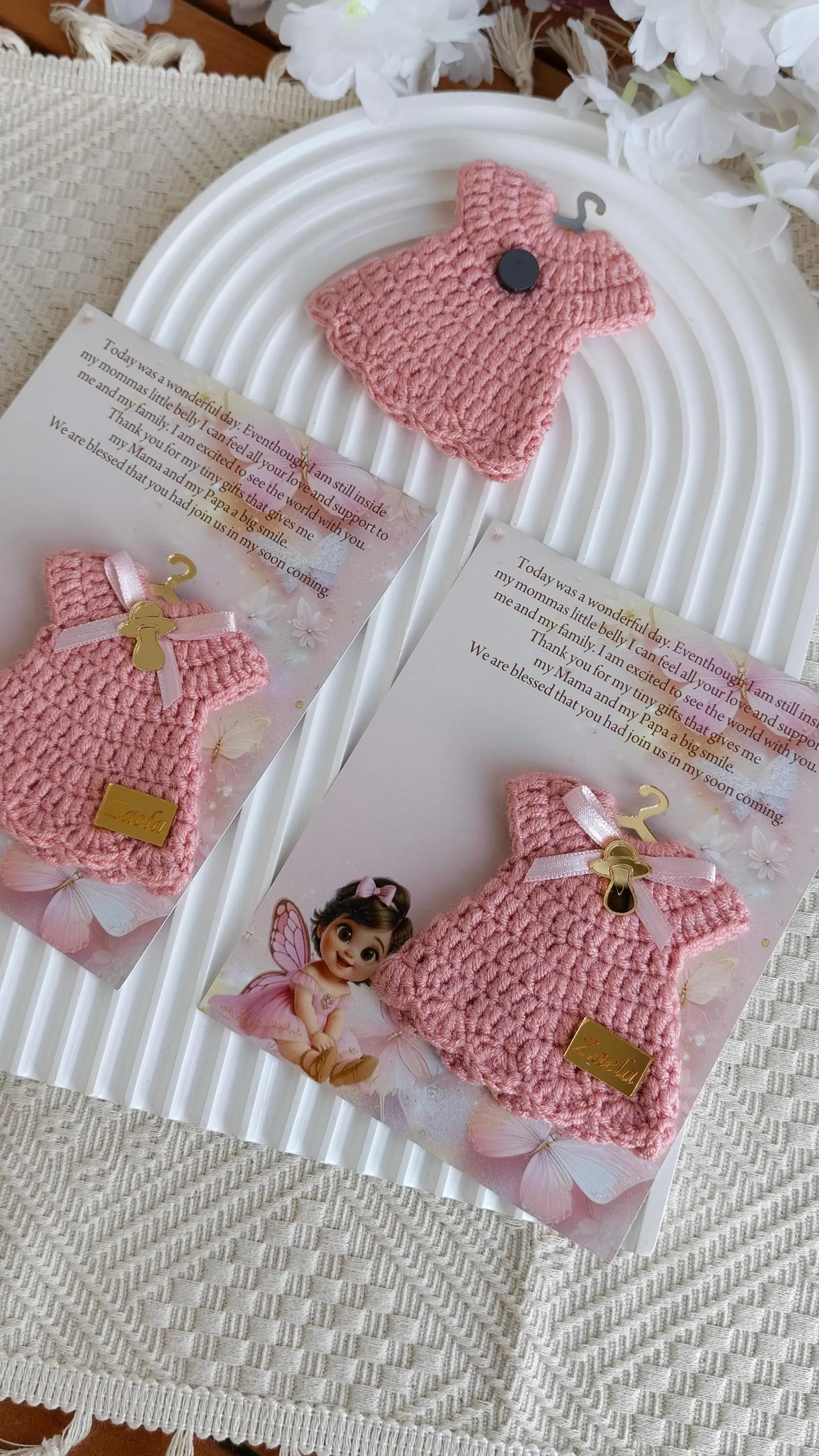 Crocheted Baby Dress Magnets, Personalized Shower Favors, Custom Color Party Favors, Baptism Keepsake - image 5