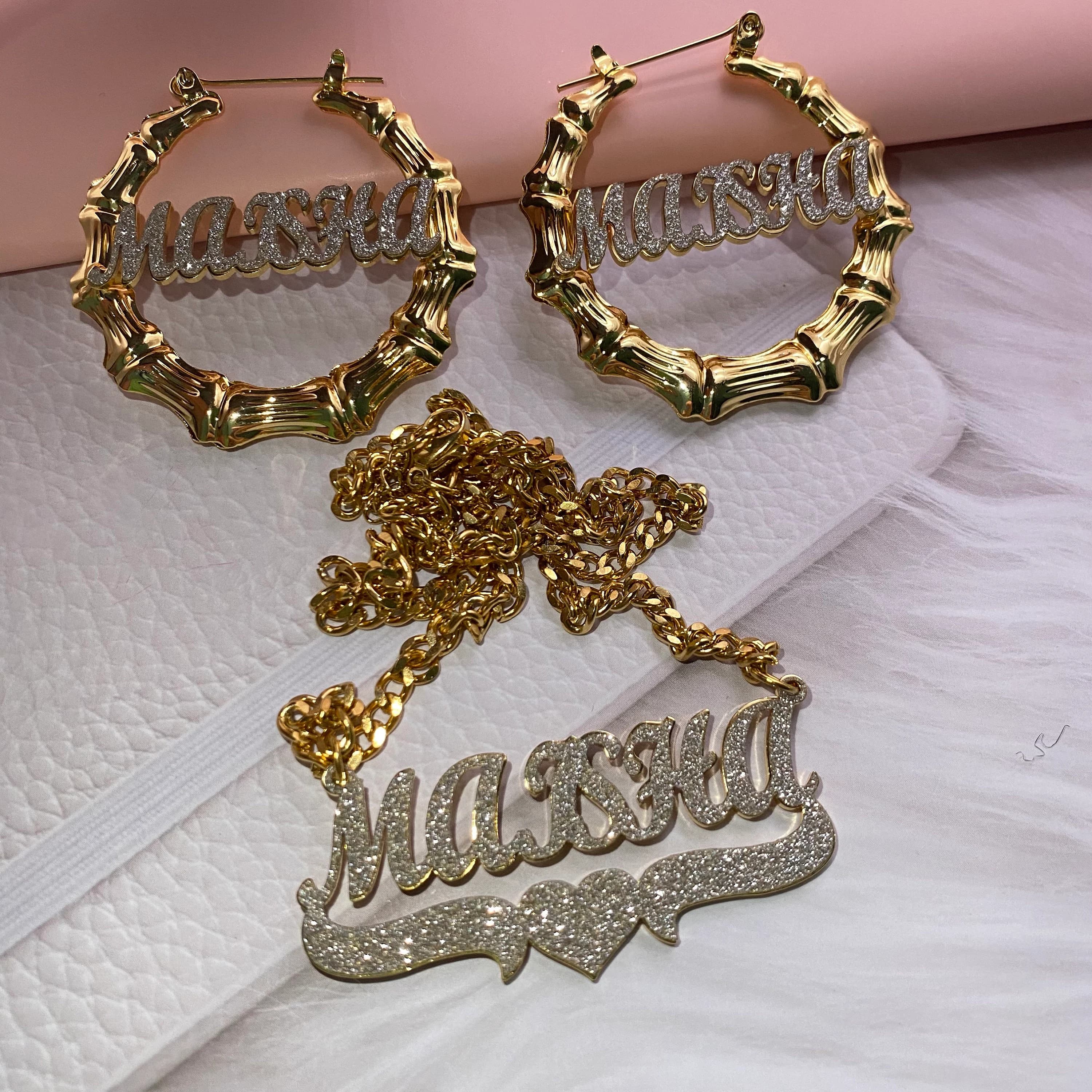 Custom Name Bamboo Earrings Necklace Set, Bling Name Earrings, Name Necklace, Bamboo Earrings, Personalized Gift Women Mother Kids Baby - image 4