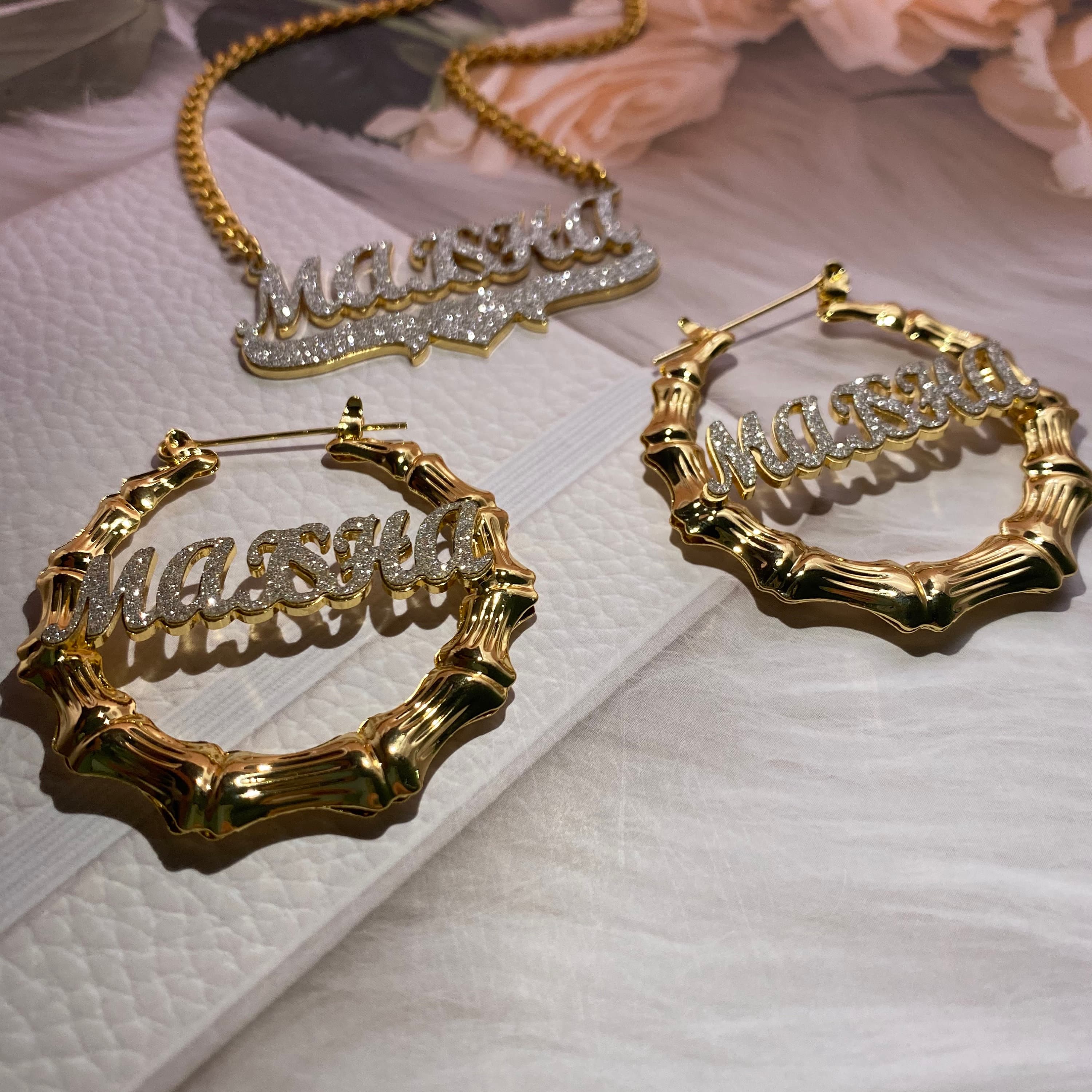 Custom Name Bamboo Earrings Necklace Set, Bling Name Earrings, Name Necklace, Bamboo Earrings, Personalized Gift Women Mother Kids Baby - image 3