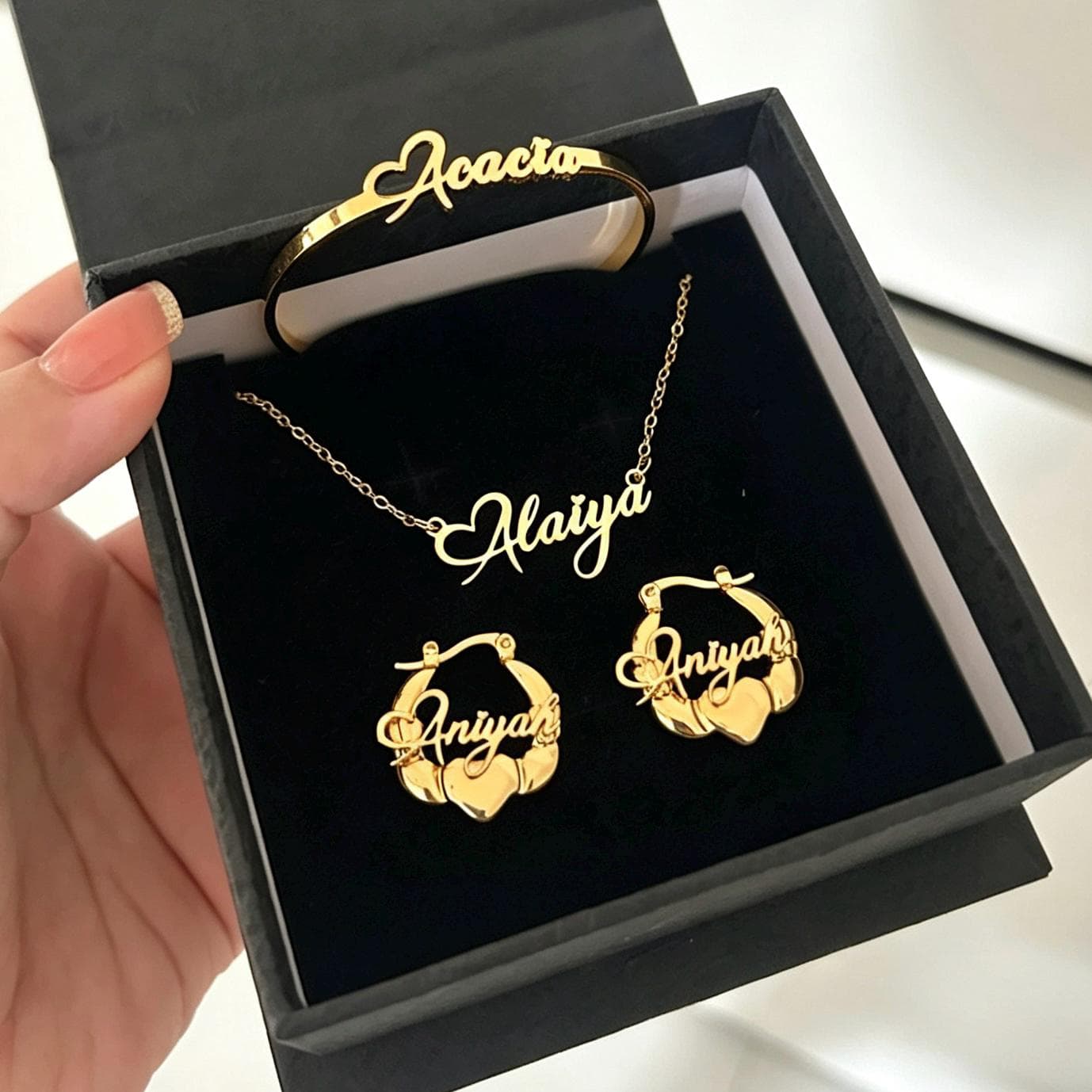 Custom Kids Name Jewelry Set: Personalized Earrings Necklace Cuff Bangle Gold Set - image 3