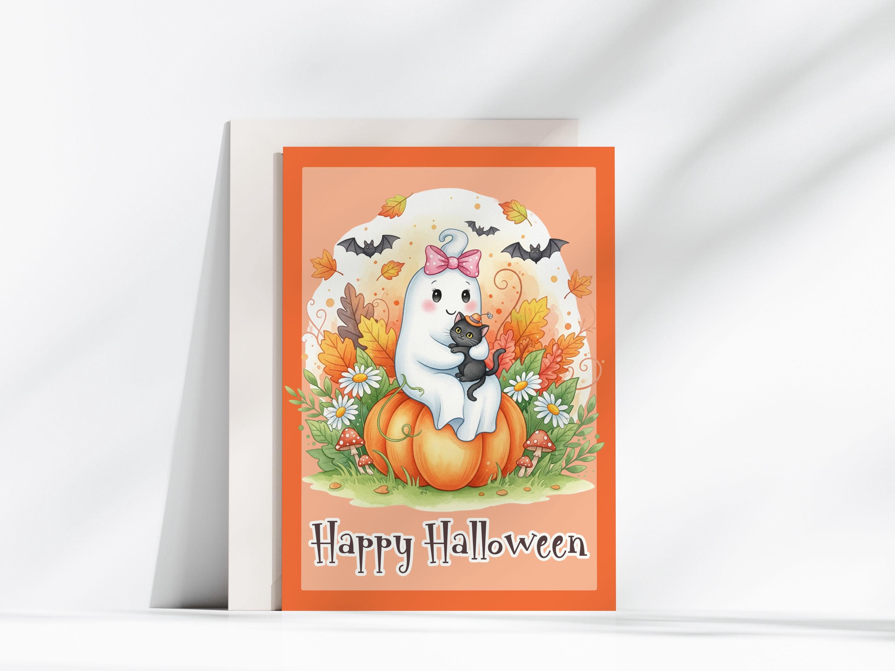 Cute Ghost & Cat Halloween Card Pastel Halloween Card | 5x7 Instant Download Halloween Greeting Card | Kids Whimsical Ghost Halloween Card - image 3
