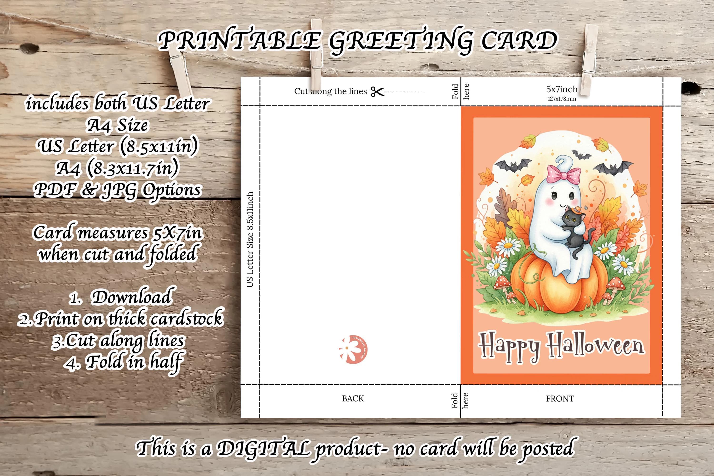 Cute Ghost & Cat Halloween Card Pastel Halloween Card | 5x7 Instant Download Halloween Greeting Card | Kids Whimsical Ghost Halloween Card - image 4