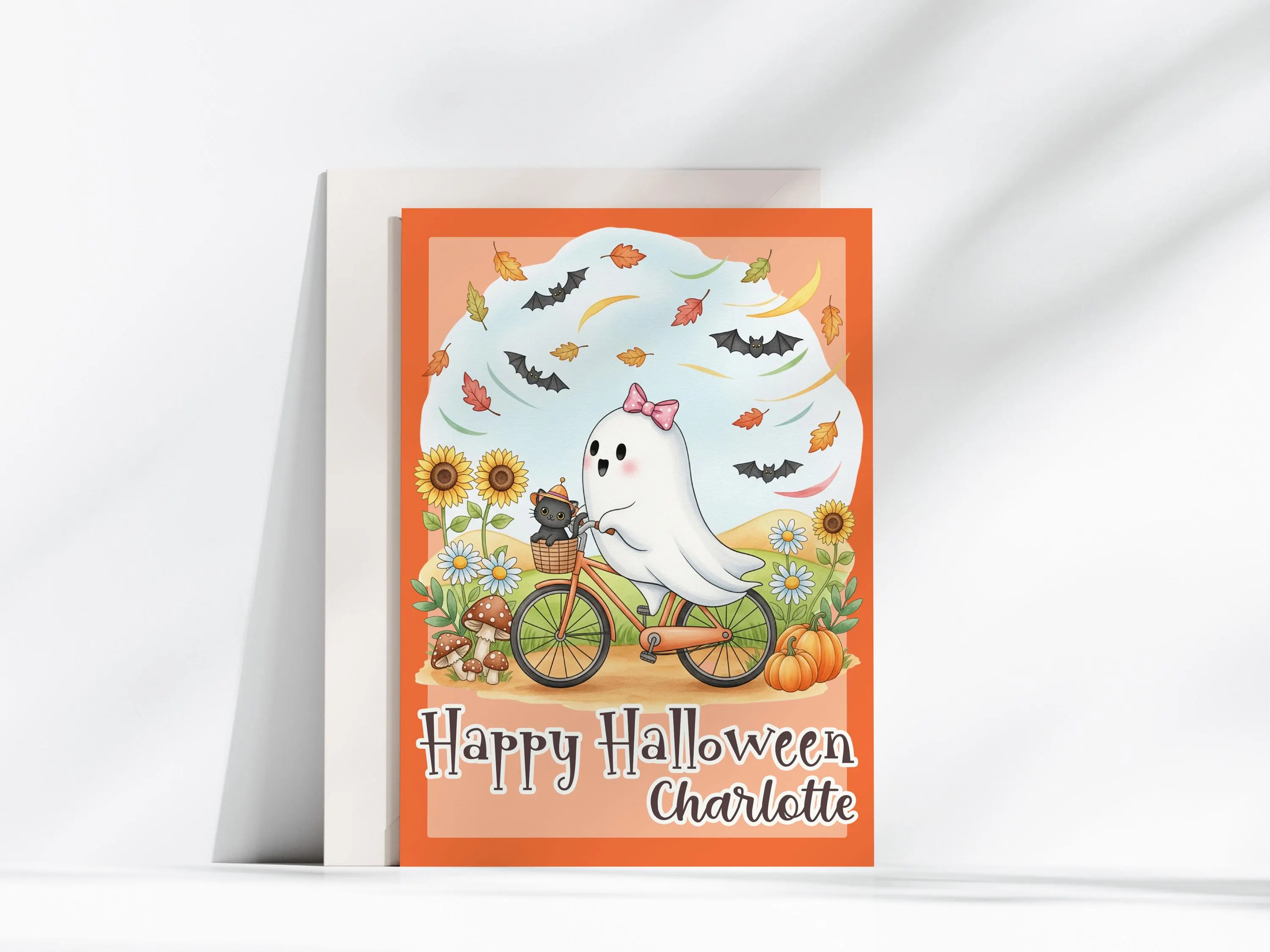 Personalized Halloween Card for Kids: Cat & Ghost Bike Ride (Digital Download 5x7in PDF/JPG) - image 3