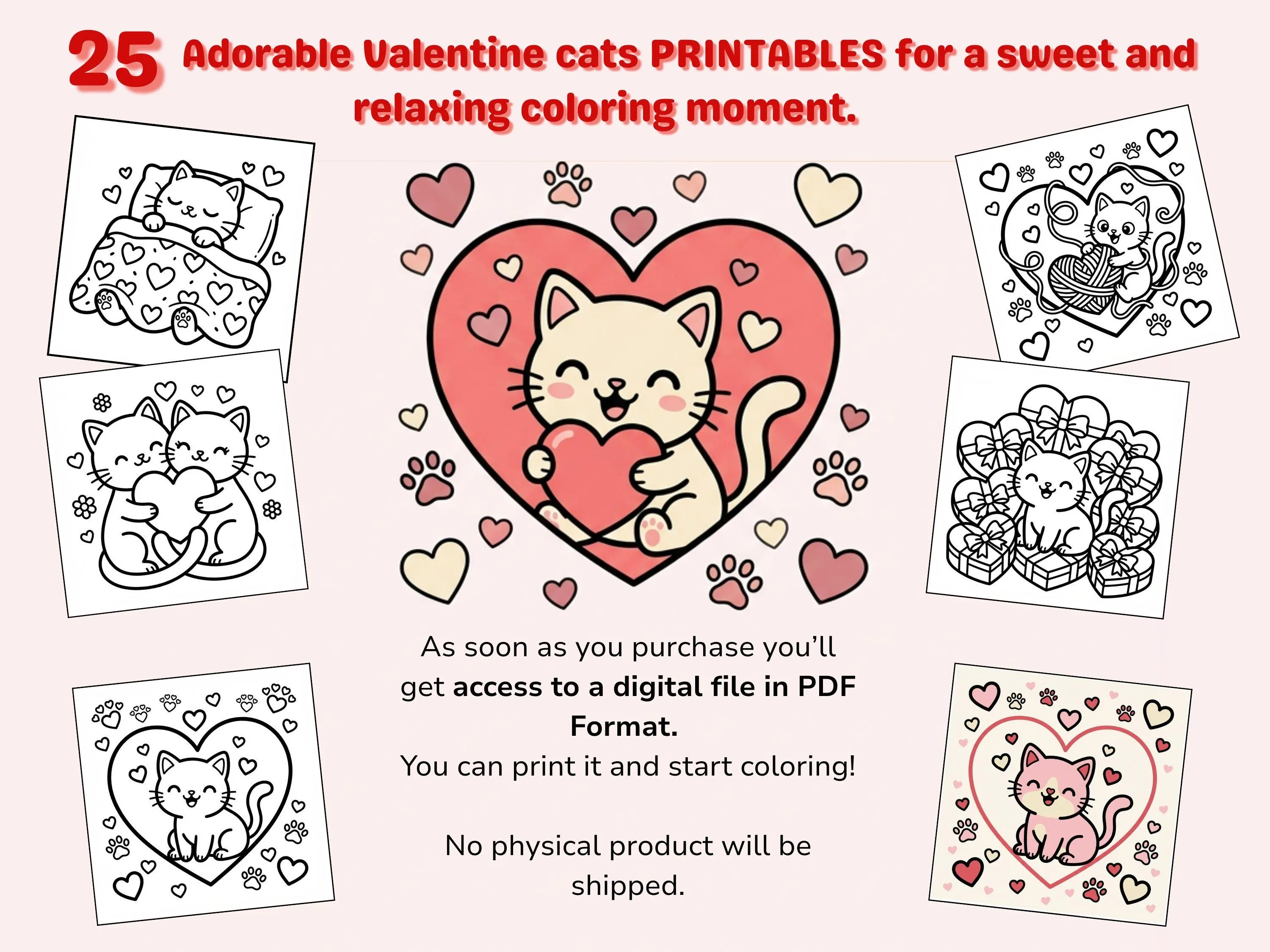Valentine's Day Cat Coloring Book – 20+ Pages (PDF Download)